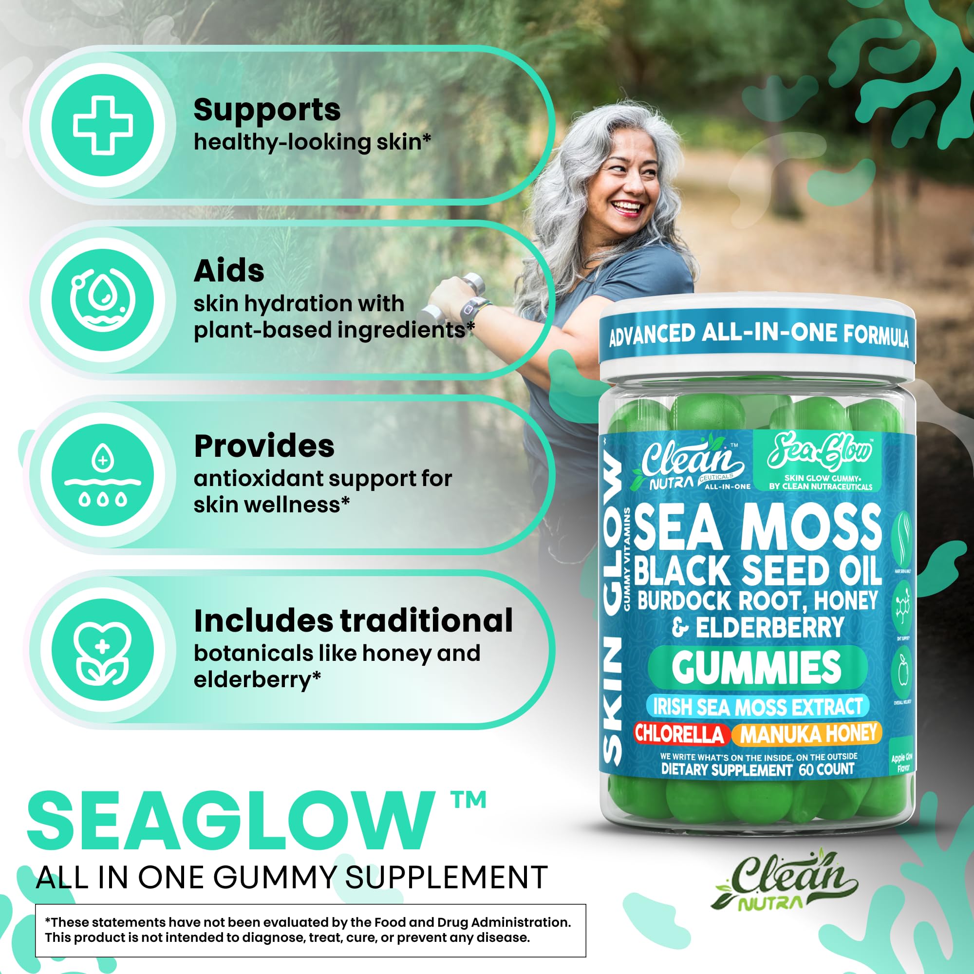 Clean Nutra Sea Moss Gummies Black Seed Oil Chlorella Ashwagandha Root Hair Growth Skin Glow Irish Sea Moss Elderberry Burdock Manuka Honey Trace Minerals Detox 60 Gummy Vitamins Sea Glow Supplement Clean Nutraceuticals uk supplements
