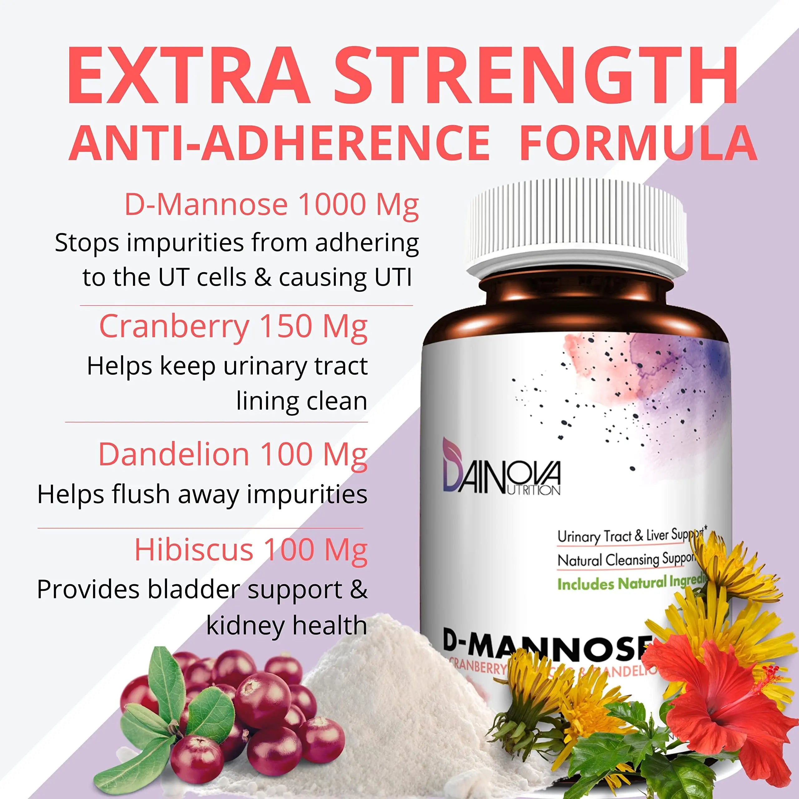 Dainova D Mannose 1350mg with Cranberry I D-Mannose Capsules for UTI Prevention, Urinary Tract Support, Urinary Tract Health for Women, & Cleanse. W/Hibiscus & Dandelion, 120 Veggie Capsules Dainova Nutrition uk supplements