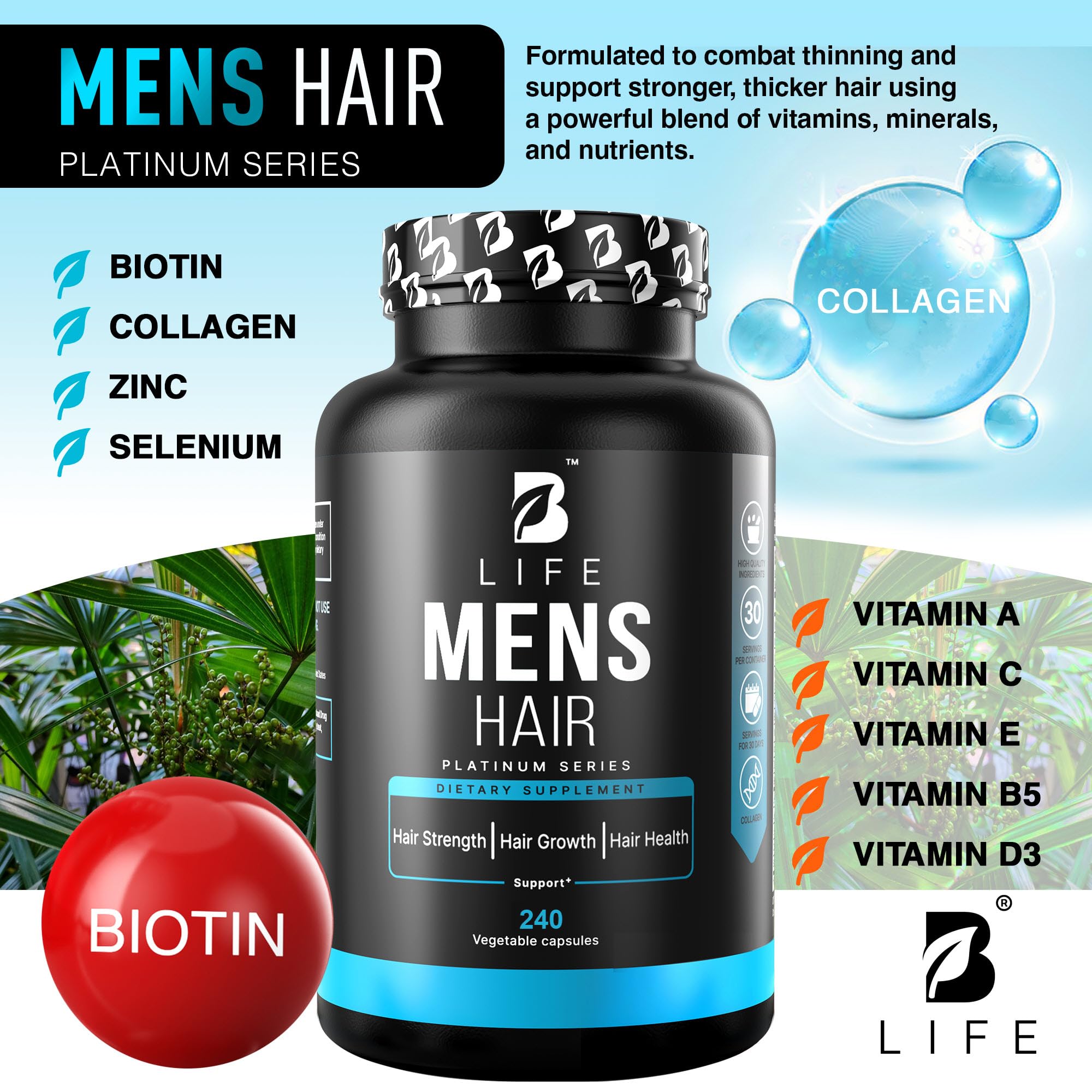 Men’s Hair Growth Supplement – Biotin & Collagen Hair Vitamins for Men – Thicker, Fuller Hair, Nail & Scalp Support – Hair Loss Supplement with Zinc, Selenium & Vitamins A C D E – 240 Capsules B Life Company uk supplements