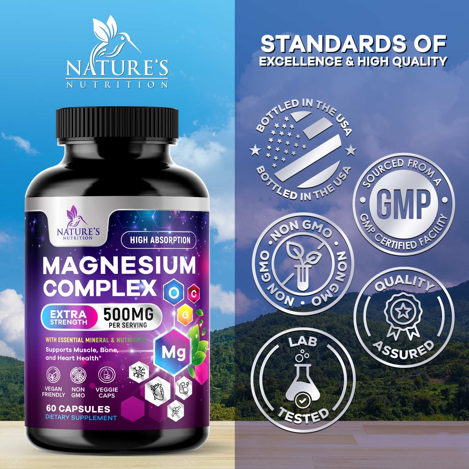 Magnesium Complex Supplement - Magnesium 500 mg Per Serving - 4 in 1 High Absorption Blend - 100% Chelated Magnesium Glycinate with Malate, Citrate & Oxide - Vegan Complex - USA Bottled - 60 Capsules Nature's Nutrition uk supplements