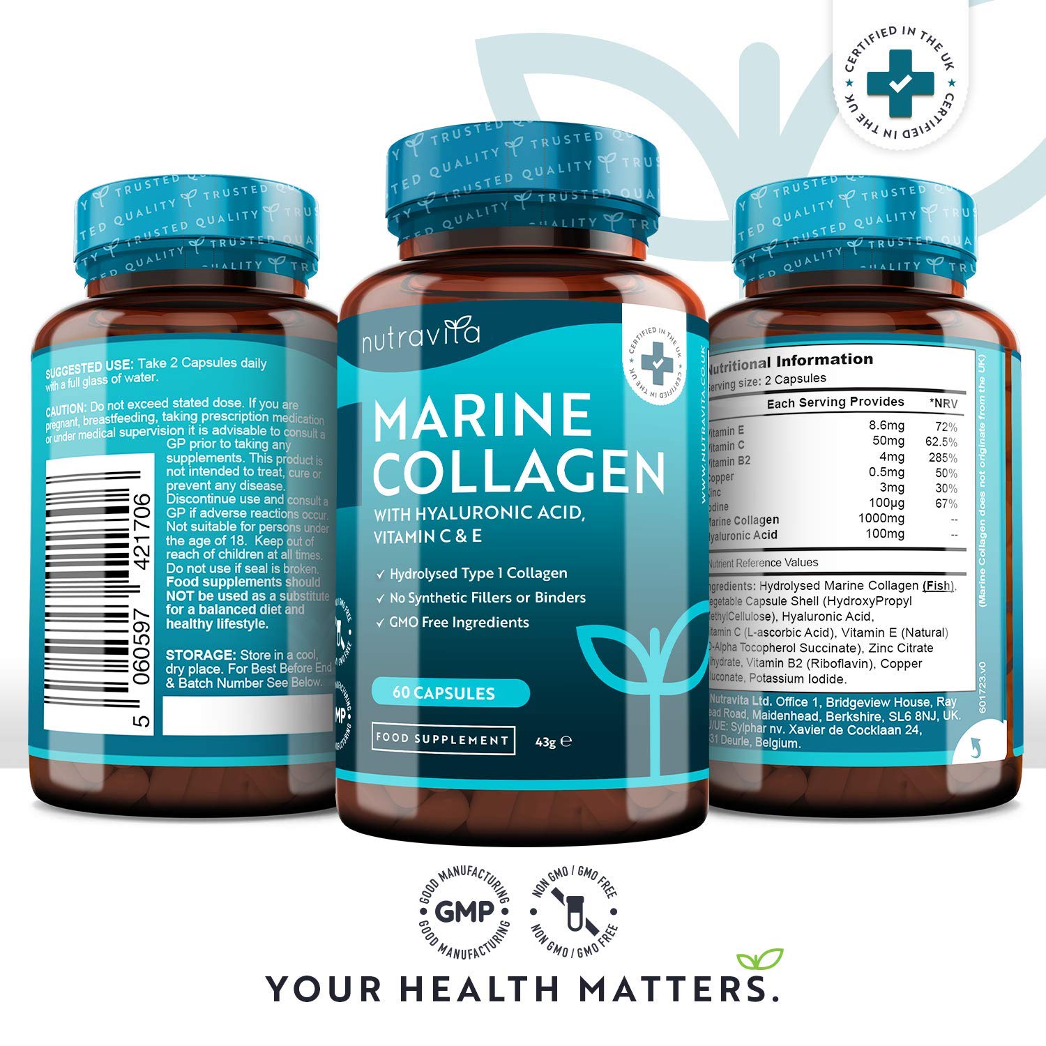 Marine Collagen 1000mg - 60 Capsules of Superior Type 1 Hydrolysed Collagen Nutravita uk supplements