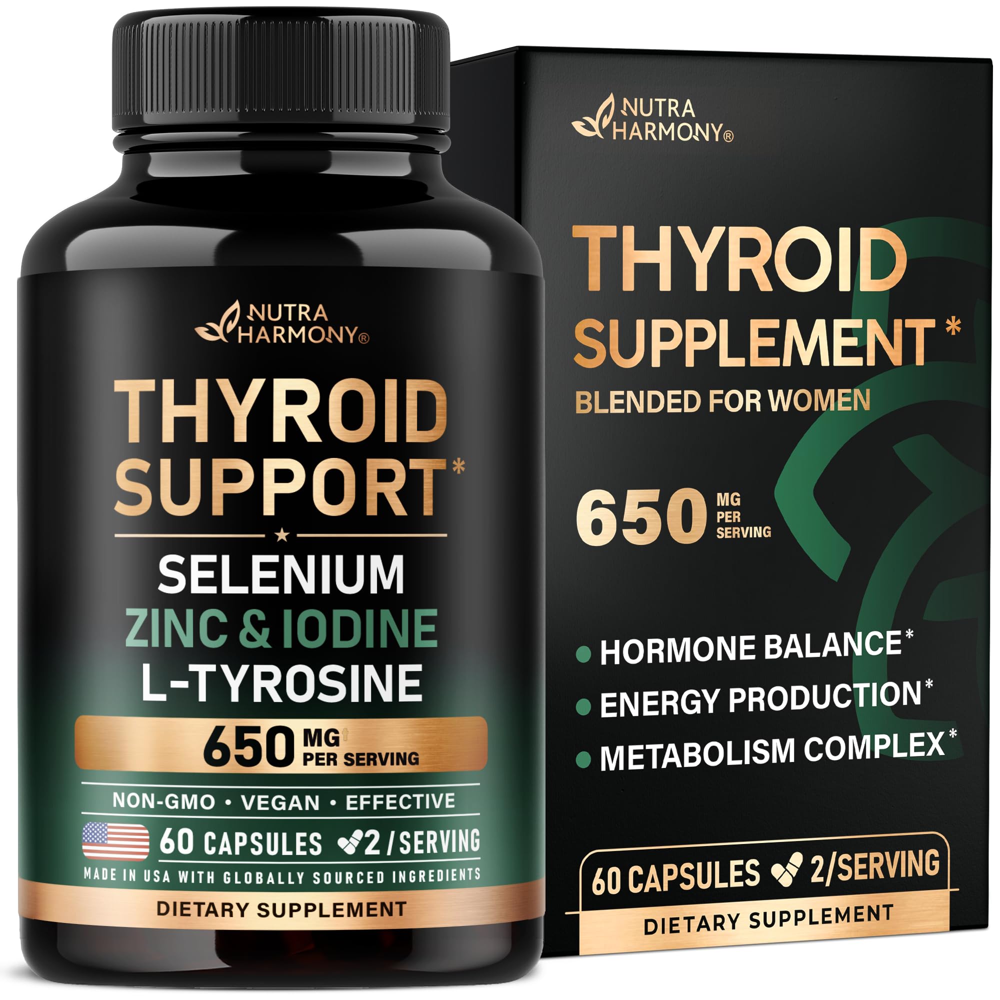 Thyroid Support for Women - Selenium 200 mcg | Astragalus | Zinc & Iodine | L-Tyrosine | Adaptogen Herbs - 21-in-1 Antioxidant & Immune Support - Made in USA - Vegan, Non-GMO, Lab Tested - 60 Capsules NUTRAHARMONY uk supplements