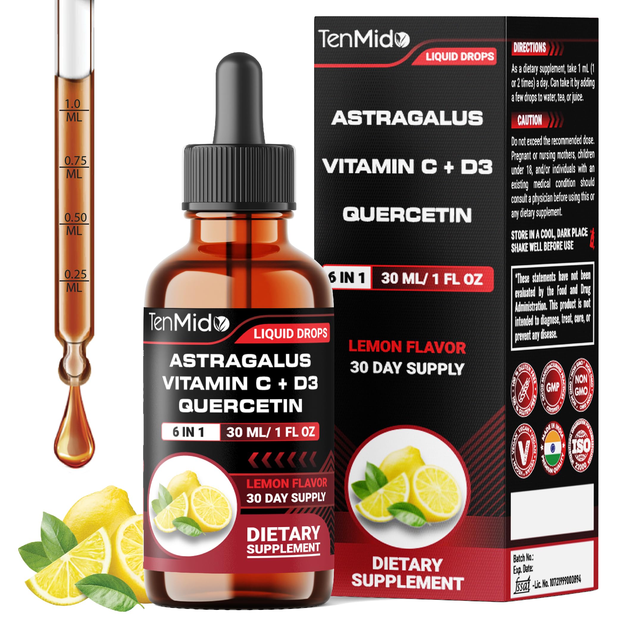 Tenmido 6-in-1 Astragalus Root Tincture - Herbal Extract Supplements with Quercetin, Rhodiola Rosea, Vitamin D3, Vitamin C, and Zinc - Vegan, Non-GMO - 30ml 1 Fl Oz Tenmido uk supplements