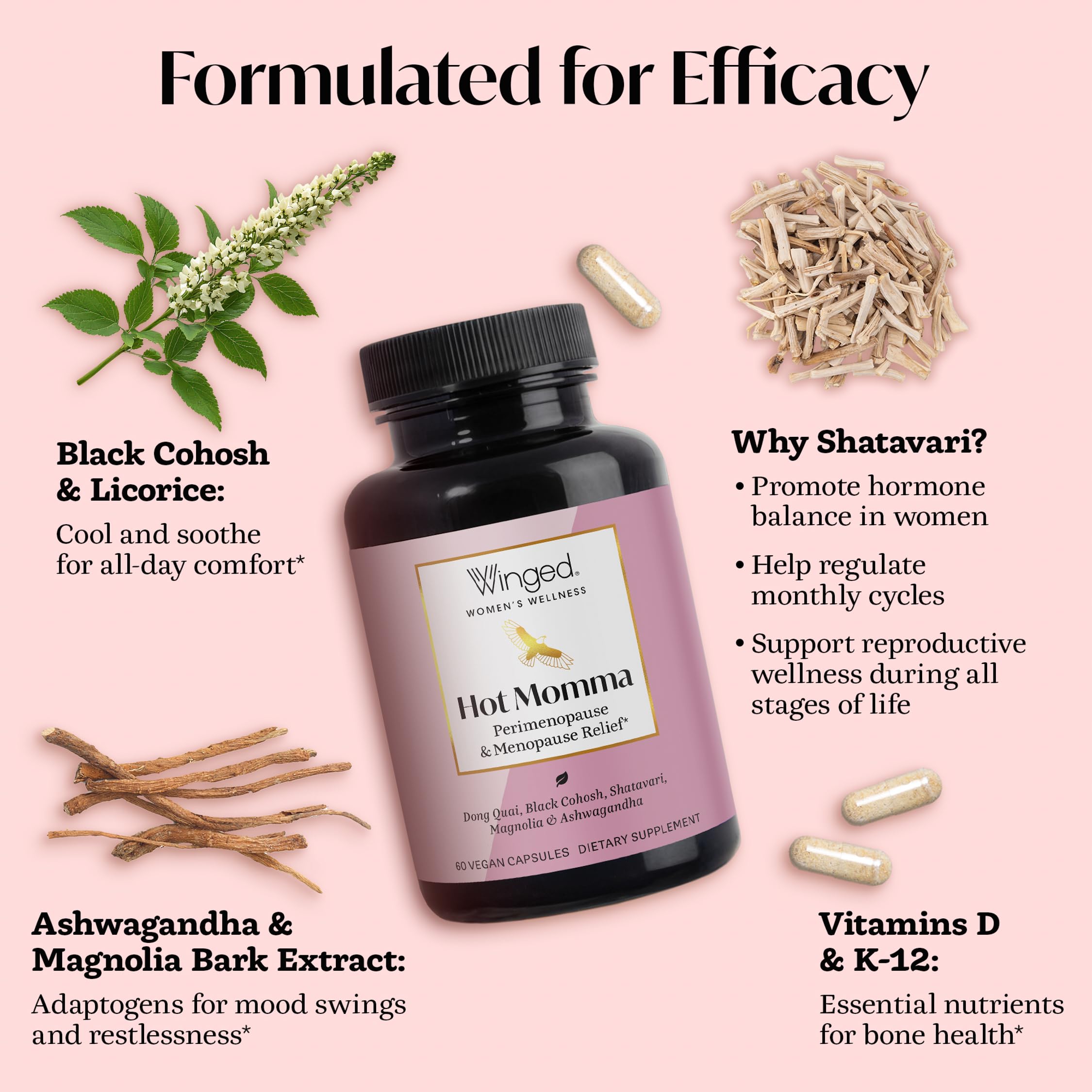 Winged Wellness Hot Momma Menopause Supplements for Women - Hormone-Free Menopause Relief Support for Hot Flashes & Night Sweats with Chaste Tree Berry, Multivitamins & Shatavari - 60 Vegan Capsules Winged Wellness uk supplements