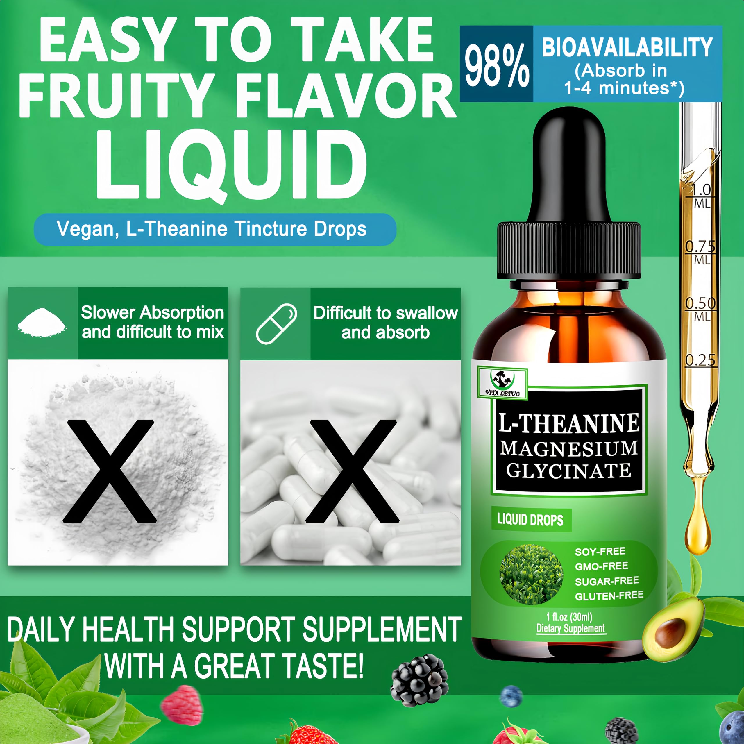 L Theanine Drops, Liquid L-Theanine Supplement 200mg w/Magnesium Glycinate,Vitamins,Fiber for Relaxation,Sleep,Digestion, Calm,High Absorption Mood Support for Adults & Kids,Plant Based,Non-GMO Vita letuo uk supplements