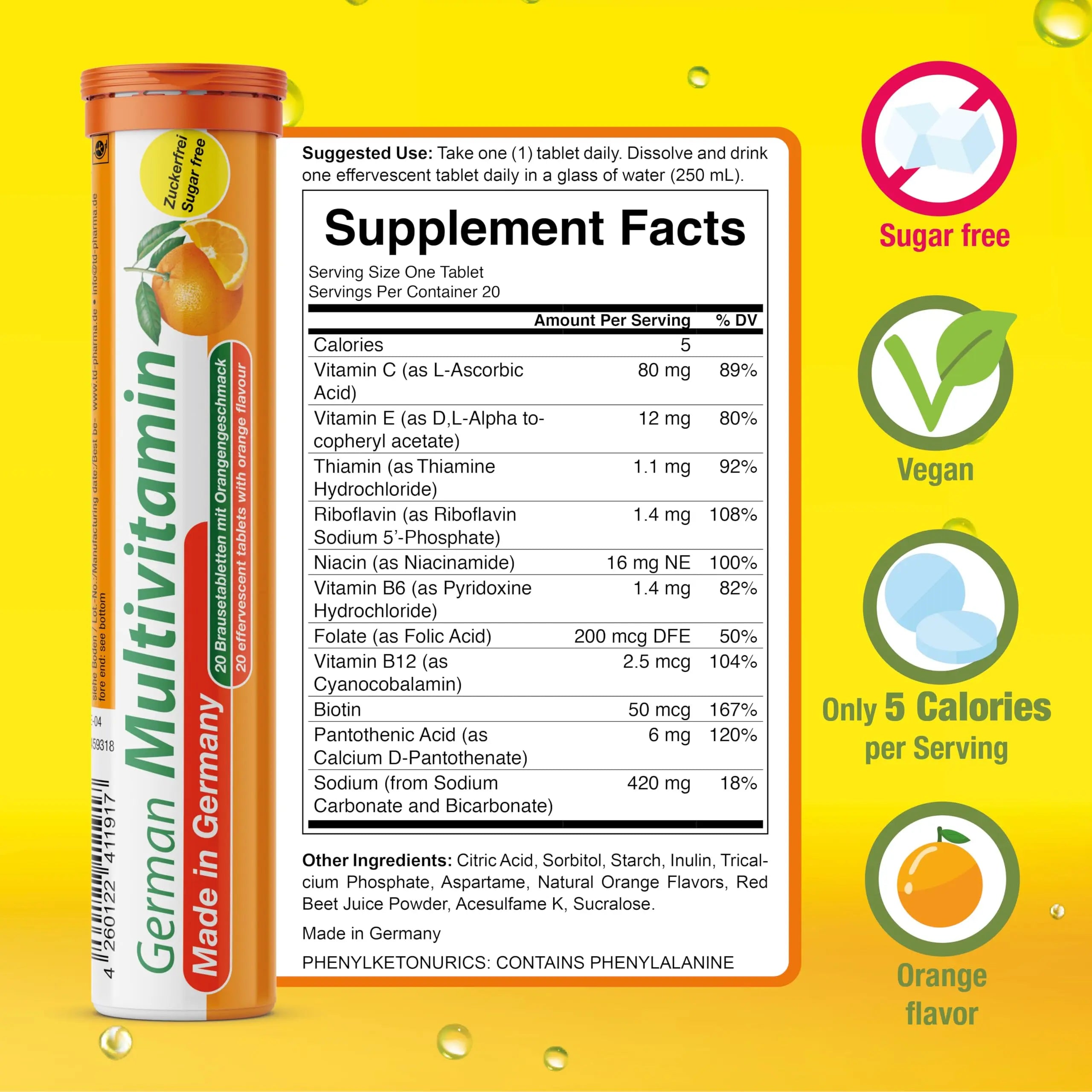 T&D German Multvitamin 10 Vitamins - 40 Vegan Drink Effervescent Tablets - Orange Flavor T&D uk supplements