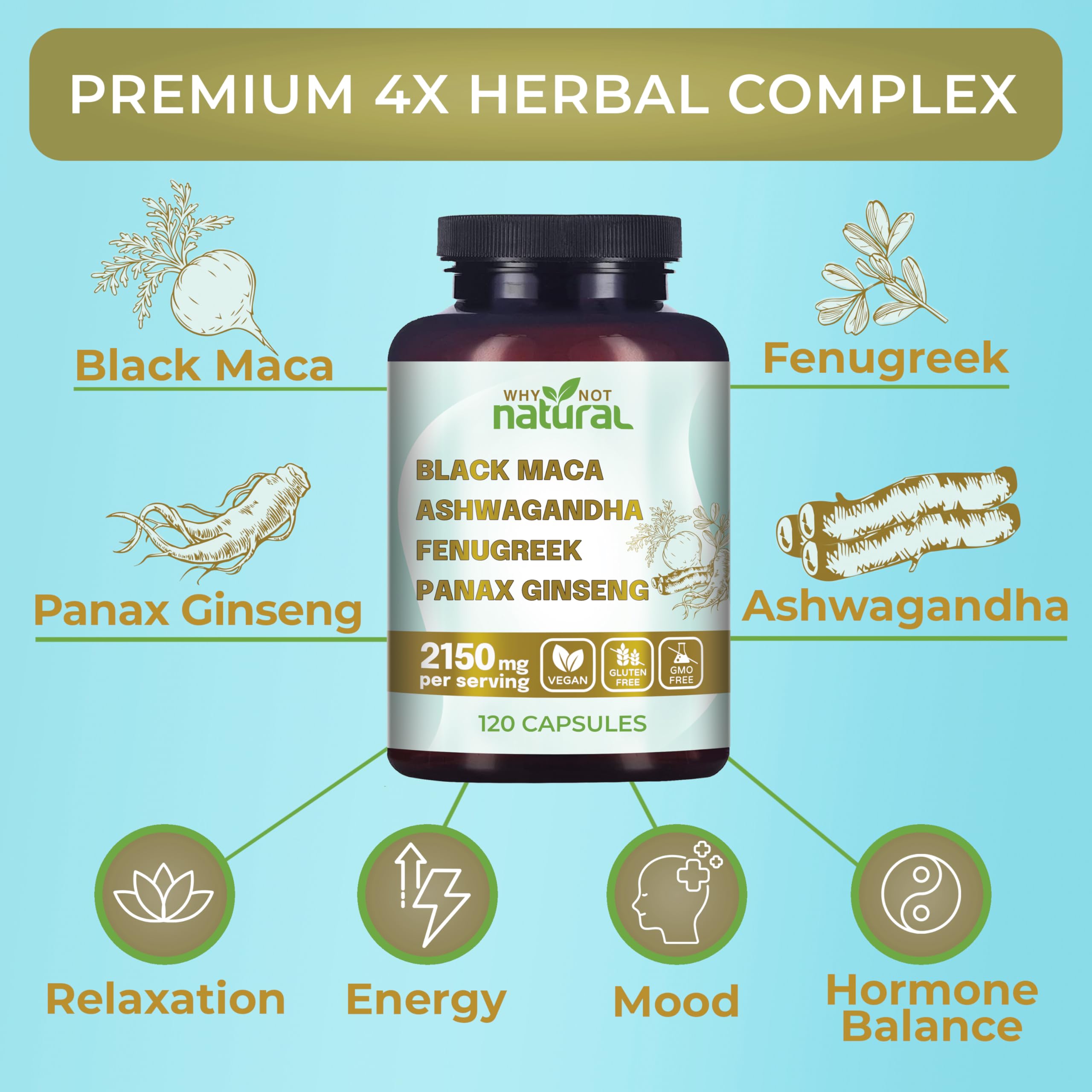 Why Not Natural 4-in-1 Organic Black Maca Root, Ashwagandha, Fenugreek, Panax Ginseng Capsules, Supplement for Men and Women (120 Count (Pack of 1) Why Not Natural uk supplements