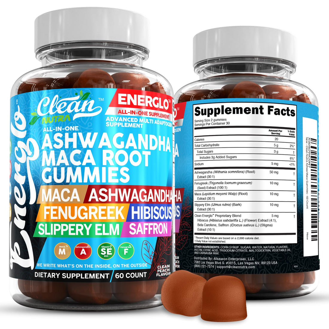 Ashwagandha Maca Root Gummies with Fenugreek Hibiscus Slippery Elm Saffron Extract & Beta Carotene | Peach Flavor Vegan Gummy Vitamins Adaptogen Cortisol Supplement Energlo by Clean Nutra Clean Nutraceuticals uk supplements