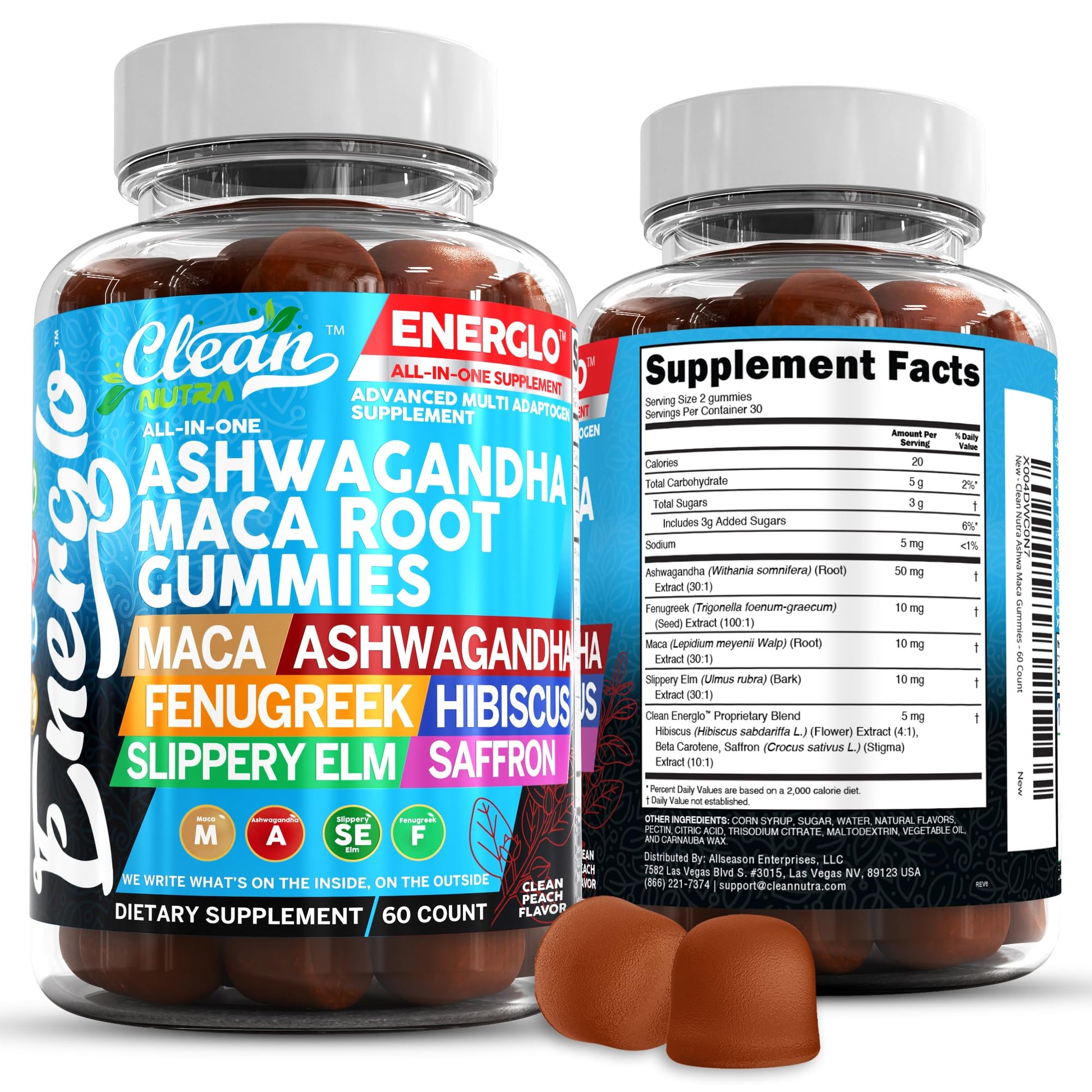 Ashwagandha Maca Root Gummies with Fenugreek Hibiscus Slippery Elm Saffron Extract & Beta Carotene | Peach Flavor Vegan Gummy Vitamins Adaptogen Cortisol Supplement Energlo by Clean Nutra Clean Nutraceuticals uk supplements