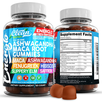 Ashwagandha Maca Root Gummies with Fenugreek Hibiscus Slippery Elm Saffron Extract & Beta Carotene | Peach Flavor Vegan Gummy Vitamins Adaptogen Cortisol Supplement Energlo by Clean Nutra Clean Nutraceuticals uk supplements