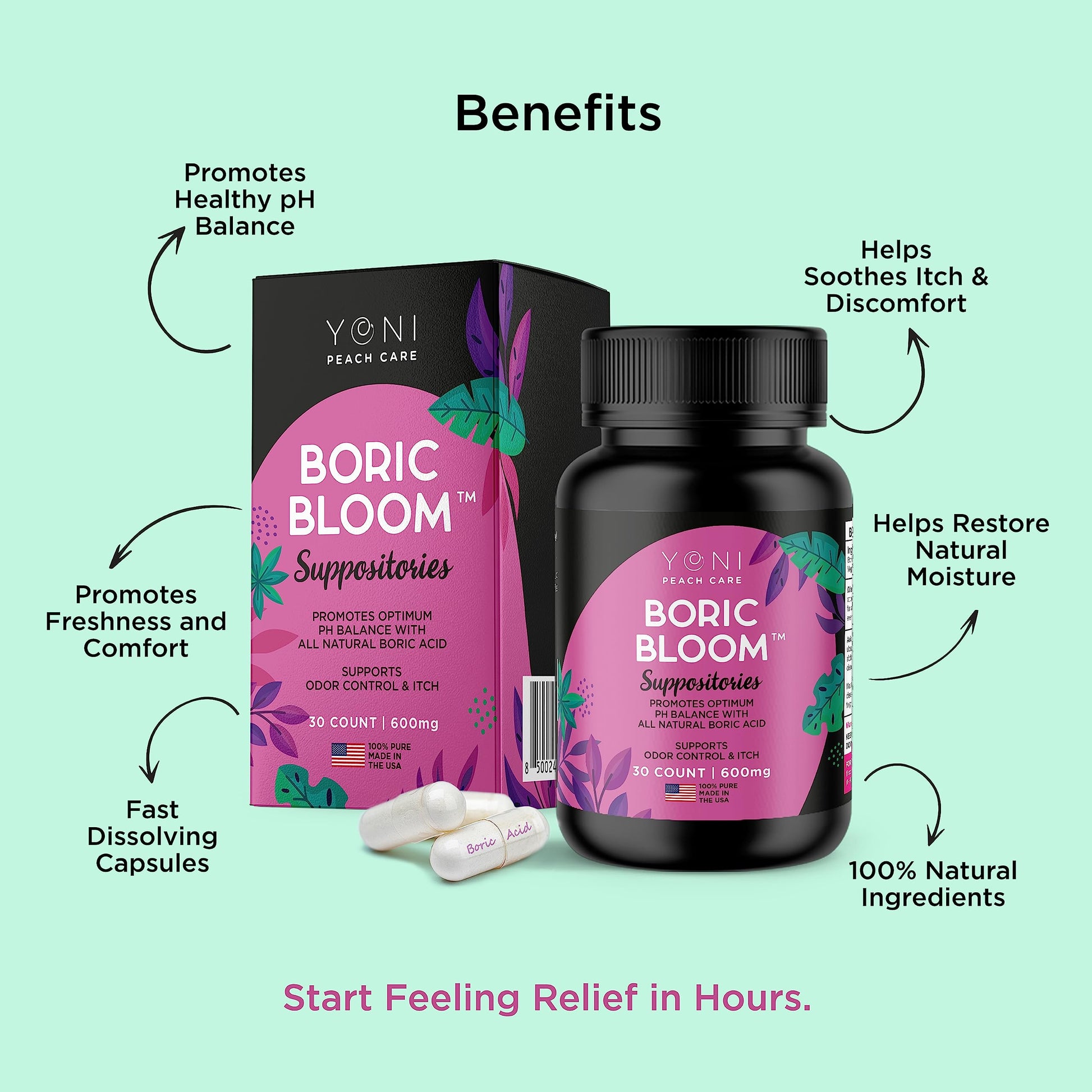 Boric Acid Suppositories - Vaginial Suppository Bacterial Vaginosis, pH Balance for Women Pills Yoni Peach Care uk supplements