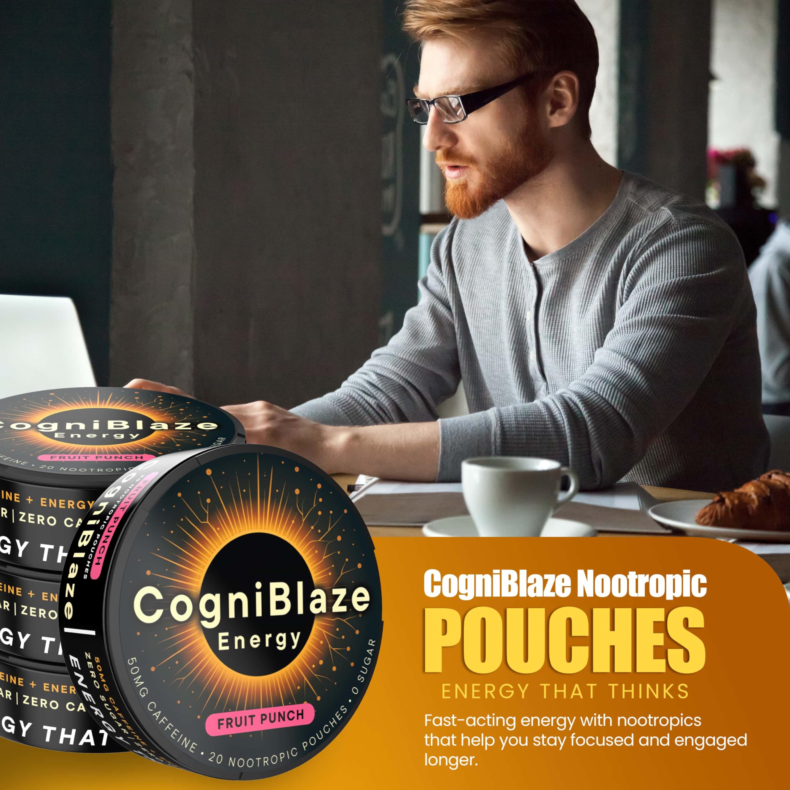 CogniBlaze Caffeine Pouches (Fruit Punch) | Nootropic Energy Pouches with 50mg Caffeine, Alpha GPC, L-Tyrosine & L-Theanine | Zero Sugar | No Artificial Sweeteners | 4 Pack (80 Total) CogniBlaze uk supplements
