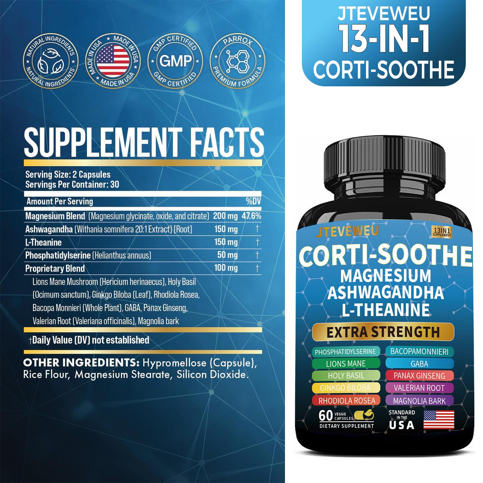 Corti-Soothe Cortisol Supplement for Women and Men with Magnesium Glycinate 200mg, L-Theanine 150mg, Phosphatidylserine 50mg & Manager Holy Basil Ginkgo Biloba Bacopa Monnieri Valerian 60 Capsules JTEVEweu uk supplements