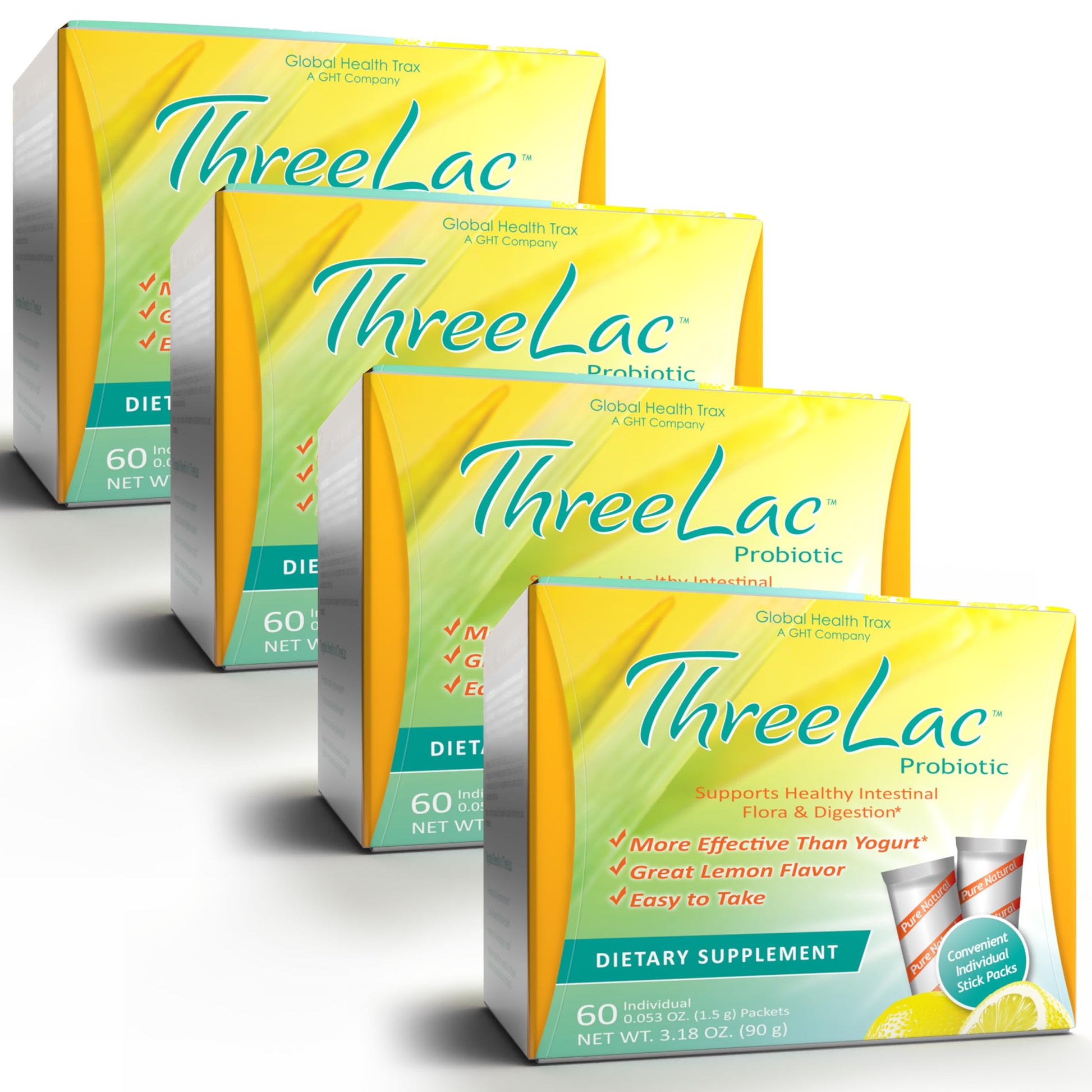 GHT - ThreeLac Lemon Probiotic Drink Mix for Digestive Health - Advanced Probiotic Powder Formula for Men, Women, and Kids - Immune Support & Gut Balance, Non-GMO - 240 Packets ght Global Health Trax uk supplements