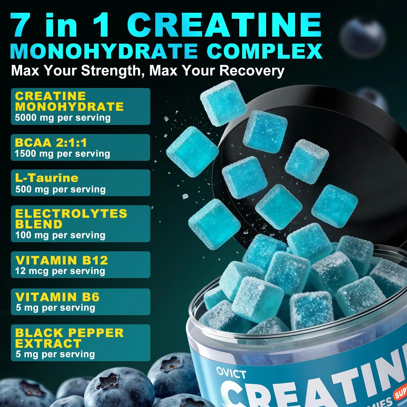 99.99% Creatine Monohydrate Gummies for Men Women 5g, 7-in-1 Pre-Workout Complex with BCAA, Taurine, B12/6 & Electrolytes, 6X Boost Energy, Muscle Strength & Recovery OVICT uk supplements