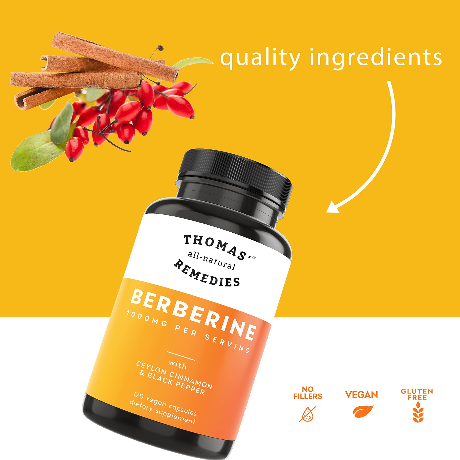 Thomas' all-natural Remedies Berberine 500mg (1000mg Per Serving)- 120 Vegan Capsules Thomas' all-natural Remedies uk supplements