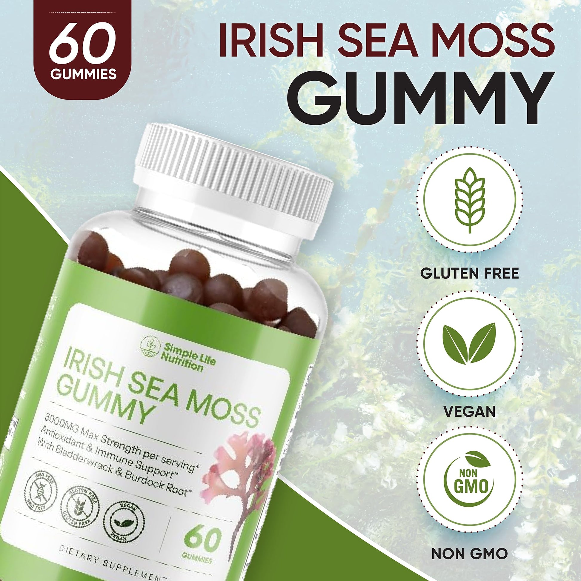 Simple Life Nutrition Organic Irish Sea Moss Gummies - Burdock Root and Bladderwrack Natural Blend - Immune System Gut Cleanse & Thyroid Supplement - Skin and Nail Health - 60CT Simple Life Nutrition uk supplements
