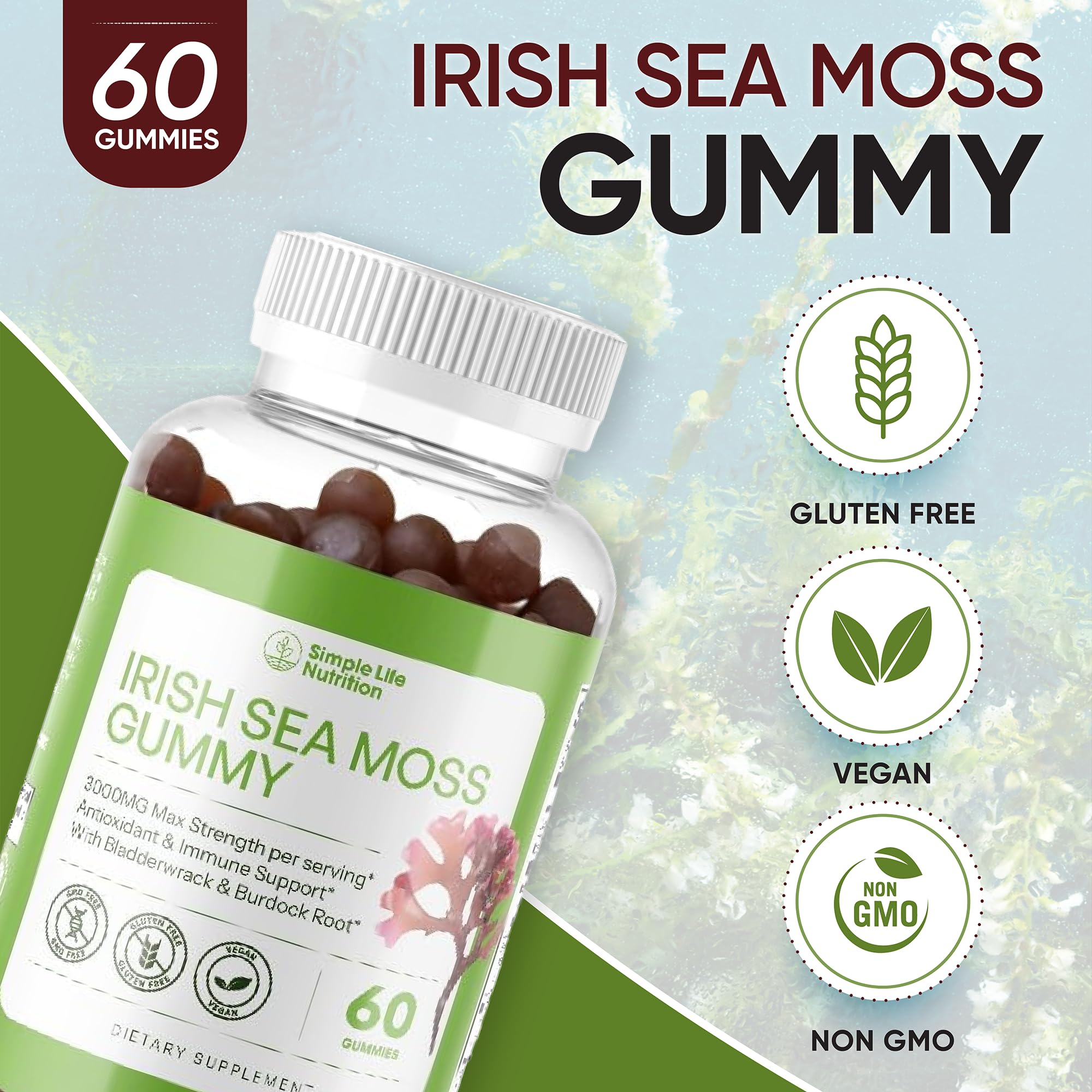 Simple Life Nutrition Organic Irish Sea Moss Gummies - Burdock Root and Bladderwrack Natural Blend - Immune System Gut Cleanse & Thyroid Supplement - Skin and Nail Health - 60CT Simple Life Nutrition uk supplements