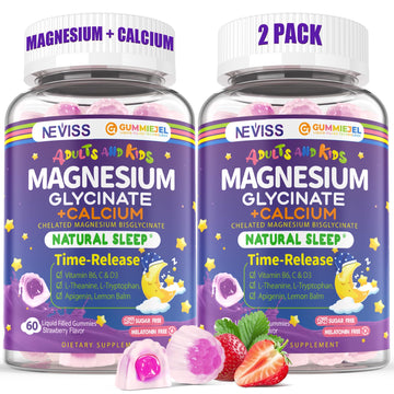 Neviss Magnesium Glycinate + Calcium Filled Gummies for Adults and Kids 4+, Kids Sleep Gummies Melatonin Free, No Sugar Magnesium Supplement w/B6 D3, L-Theanine for Zzz Relax, Brain,Bone,Muscle 2Pack NEVISS uk supplements