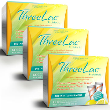 Global Health Trax ThreeLac Lemon Probiotic Drink Mix for Digestive Health - Advanced Probiotic Powder Formula for Men, Women, and Kids - Immune Support & Gut Balance, Non-GMO - 180 Packets ght Global Health Trax uk supplements