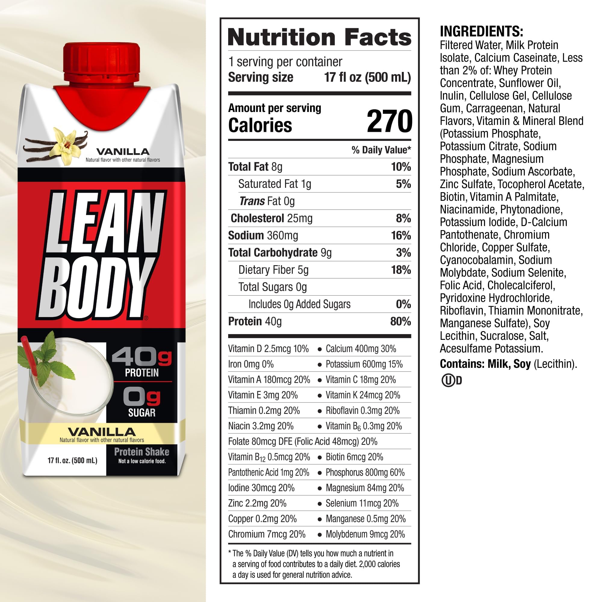 Lean Body Ready-to-Drink Vanilla Protein Shake, 40g Protein, Whey Blend, 0 Sugar, Gluten Labrada uk supplements