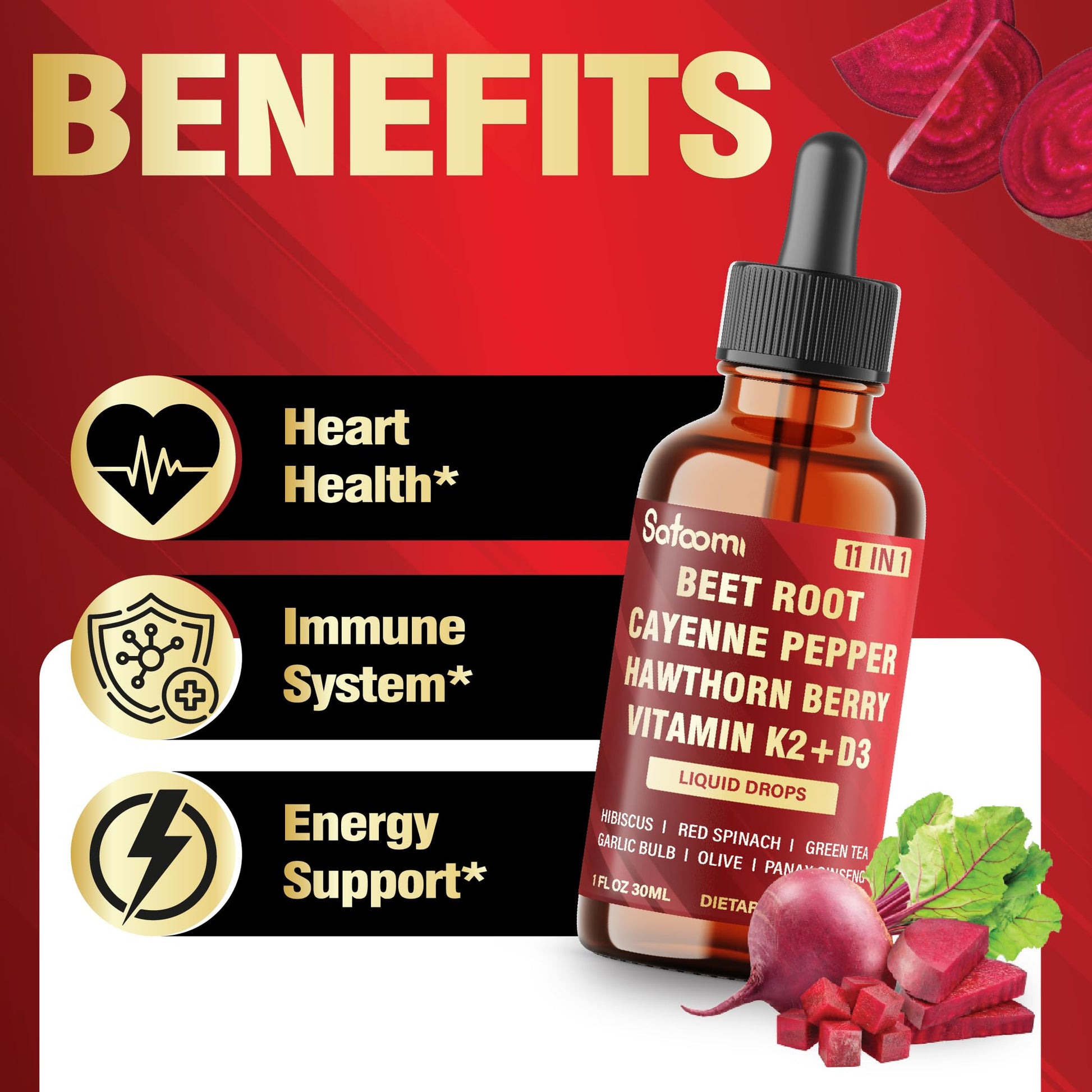 11in1 Beet Root Liquid Drops Supplement with Formula with D3, K2, Hawthorn, Red Spinach, Garlic & Green Tea and More - Supports Immune & Vitality - 1 FL Oz - for 60 Days Satoomi uk supplements