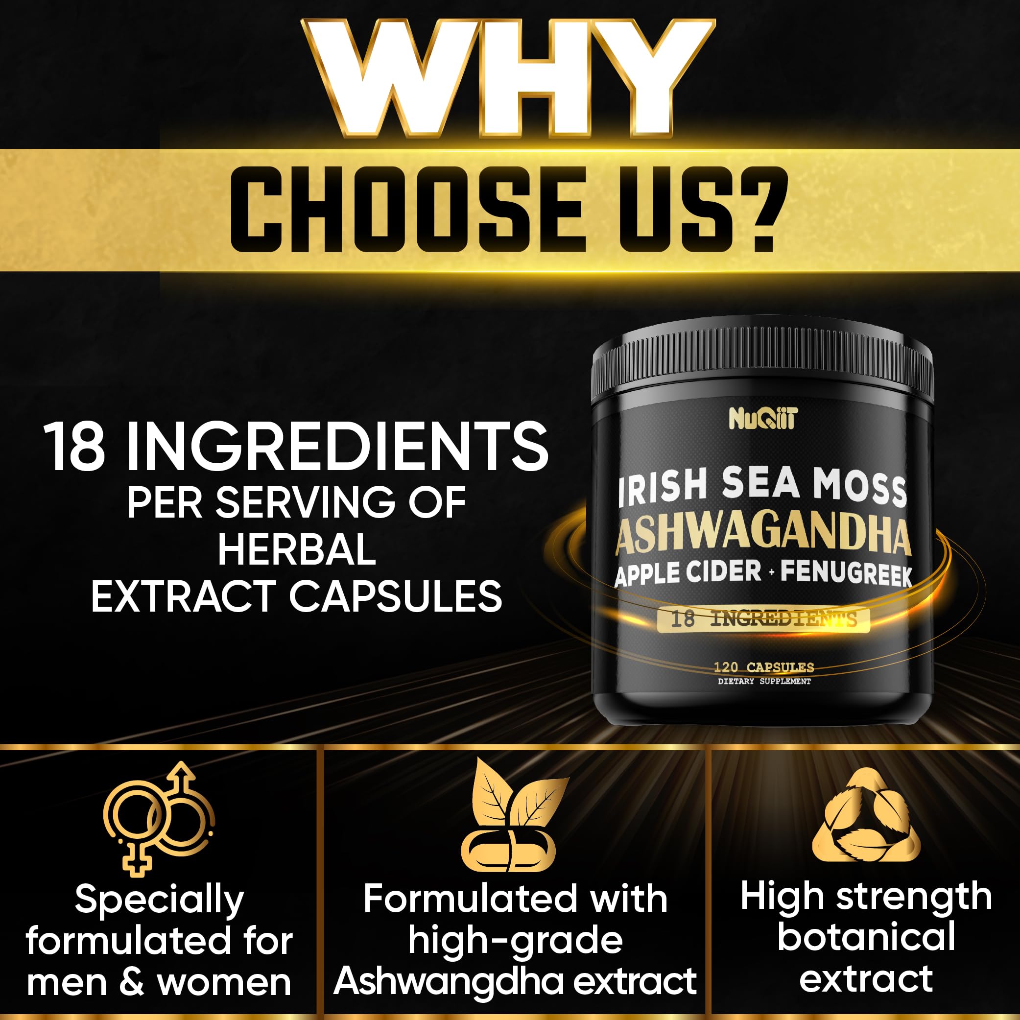 NUQIIT Organic Ashwangdha Capsules 15000mg Irish Sea Moss Apple Cider Vinegar & More - Support Brain Health, Strength & Immune System - 120 Vegan Capsules NUQIIT uk supplements