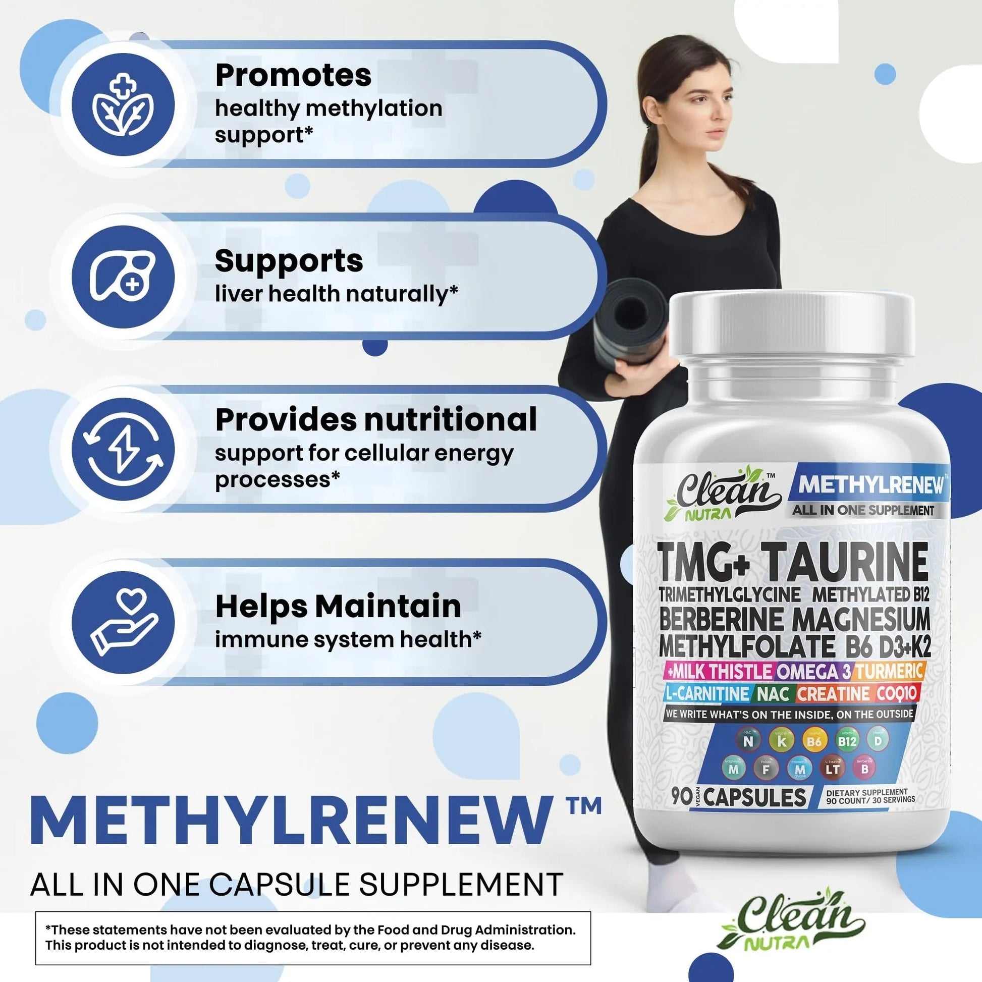 Clean Nutra TMG Supplements 1000mg | Methylated Multivitamin for Women Men | Taurine B6 Vitamins B12 D3 K2 Trimethylglycine Magnesium Clean Nutraceuticals uk supplements