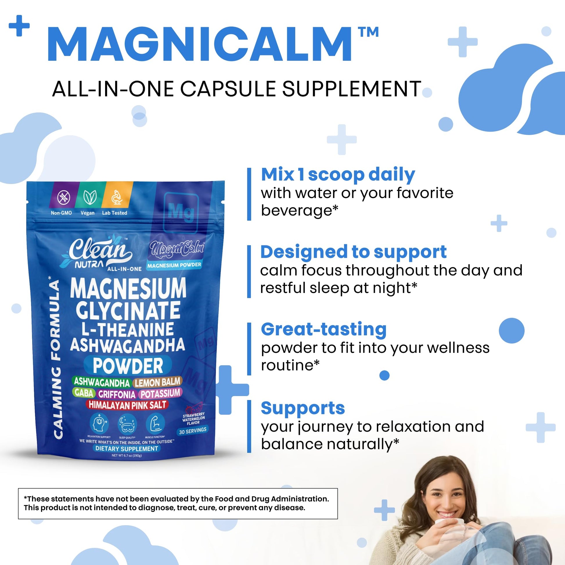 Magnesium Glycinate Powder Supplement + L Theanine Ashwagandha Glycine Apigenin Lemon Balm GABA 5HTP Pink Salt Potassium L Tryptophan Calcium | Powdered Sleep Aid Calm Trace Minerals Vitamin Clean Nutraceuticals uk supplements
