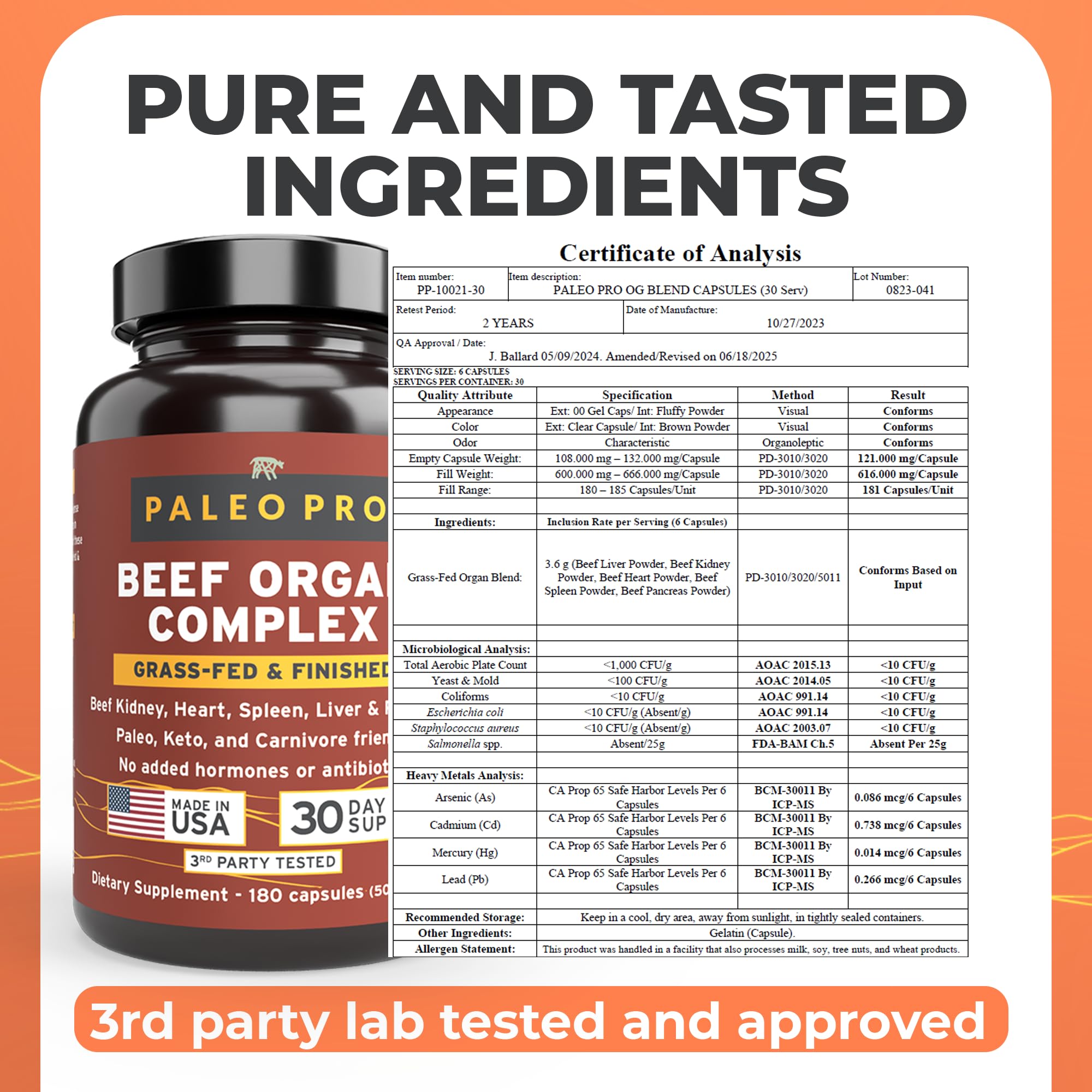 Paleo Pro O.G. Blend Premium Beef Organs Capsules, Kidney, Heart, Liver, Spleen and Pancreas from Grass Fed & Pastured Cows, Dietary Supplement, No GMO, 180 Capsules (Beef Organ Complex) Paleo Pro uk supplements