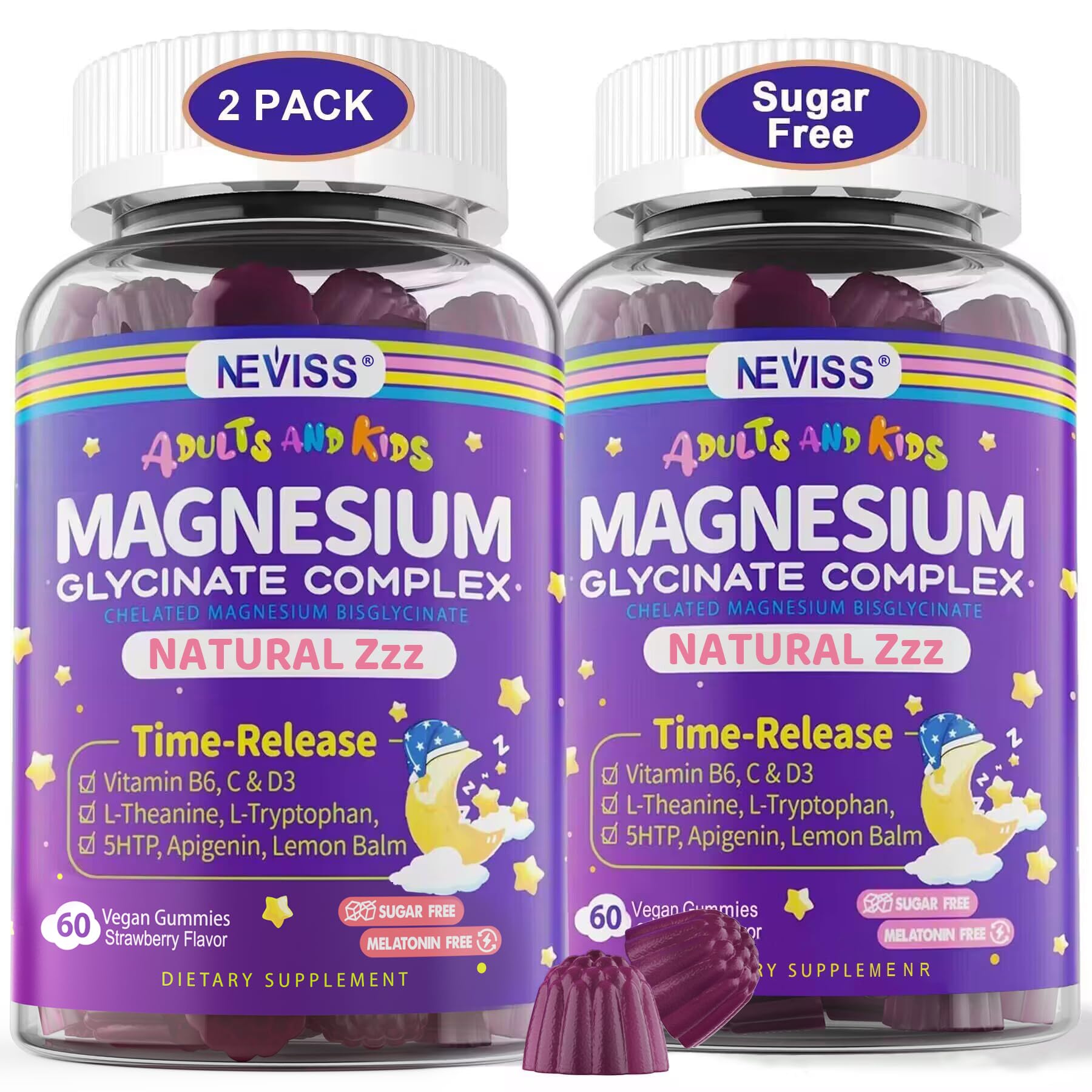 Magnesium Glycinate Gummies for Adults & Kids 4+, Sugar Free Magnesium Bisglycinate Supplement 400/200mg with B6D3, 5HTP, L-Theanine for Sleep & Relaxation, Brain, Muscle, Melatonin Free Gummies,2Pack NEVISS uk supplements