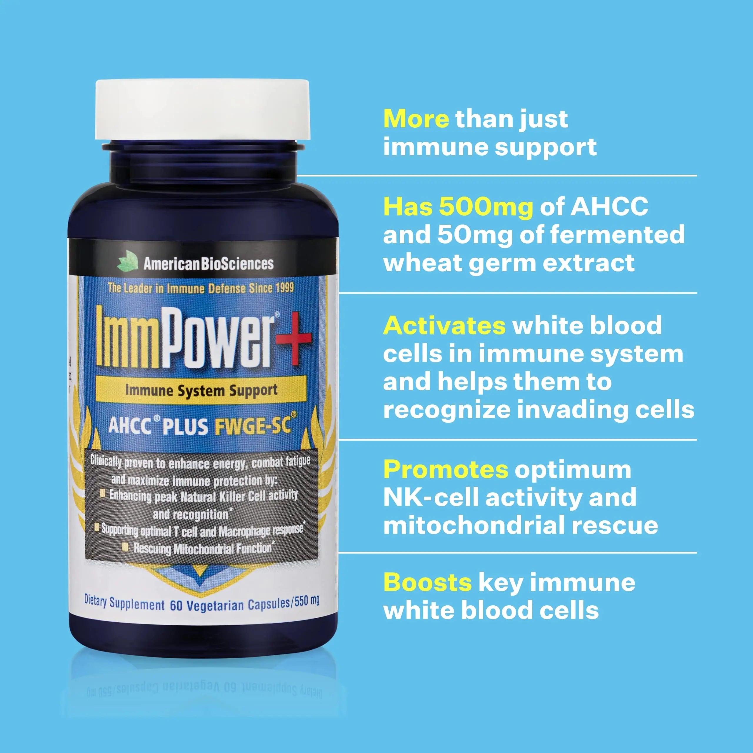 American BioSciences ImmPower Plus, AHCC & Fermented Wheat Germ Extract Herbal Supplement, 550mg per Capsule for Immune Support, Maintains Natural Killer Cell Activity, Pack of 1, 60 Veggie Capsules American BioSciences uk supplements