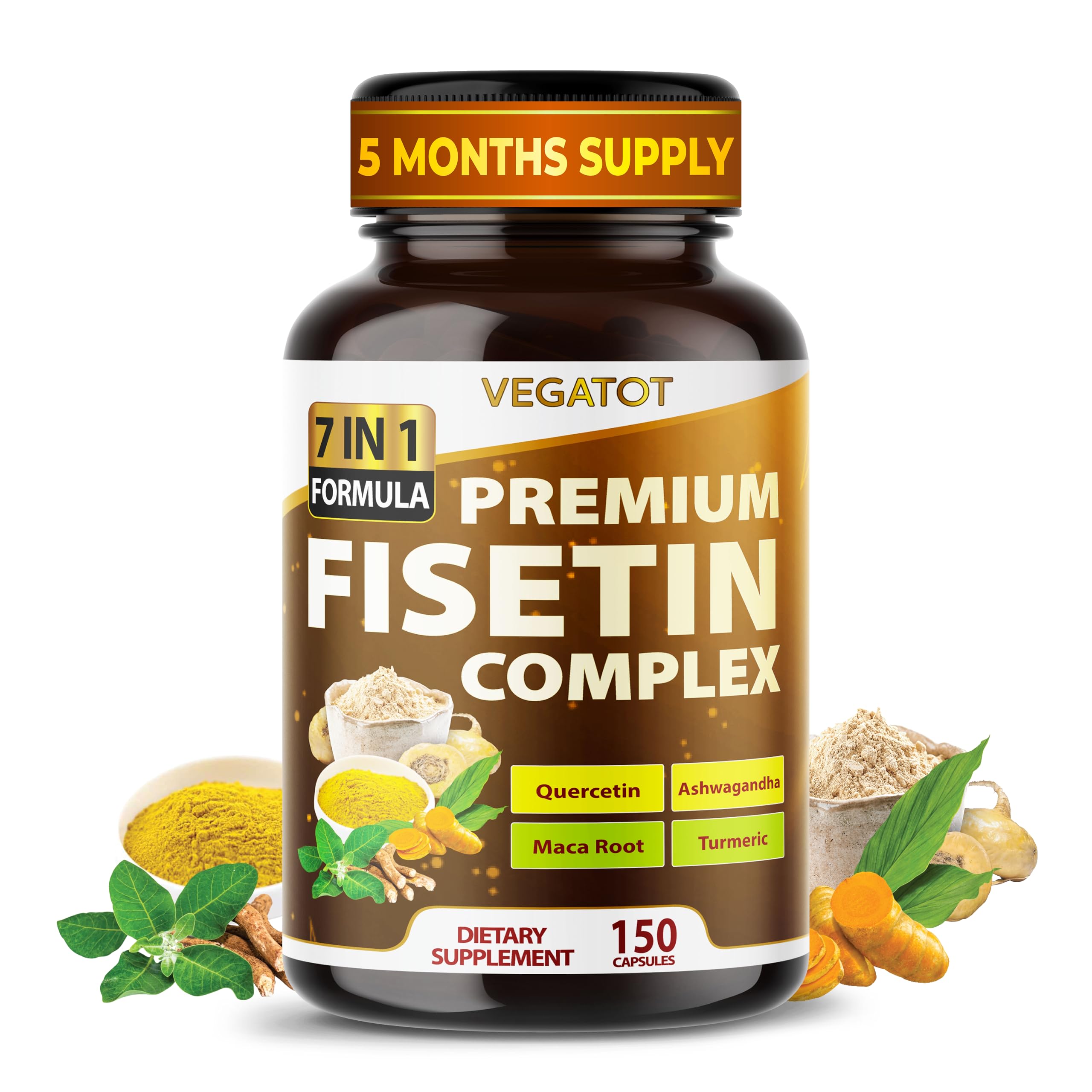 VEGATOT Organic Fisetin Complex 7-in-1 Formula | with Quercetin, Resveratrol, Ashwagandha, Maca Root, Turmeric, Black Pepper | 150 Capsules | Non-GMO, Gluten-Free VEGATOT uk supplements