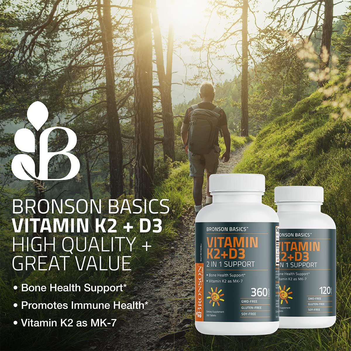 Bronson Basics Vitamin K2 D3 (MK7) Supplement Non-GMO Formula 5000IU (125 mcg) Bronson uk supplements