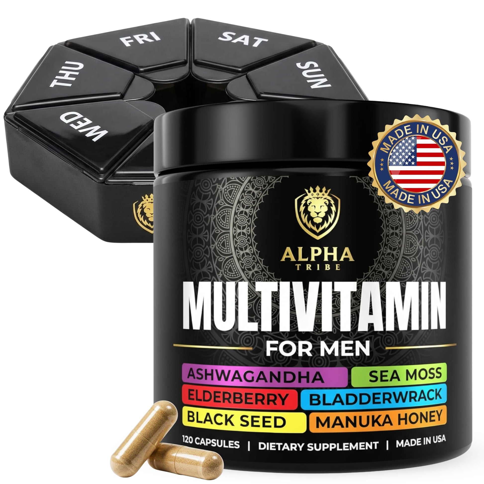 Alpha Tribe Multivitamin for Men & Organizer w/Seamoss Black Seed Oil Ashwagandha Burdock Root Turmeric Bladderwrack Vitamin C | Daily Men's Vitamins & Minerals Supplement | 60 Count Alpha Tribe uk supplements