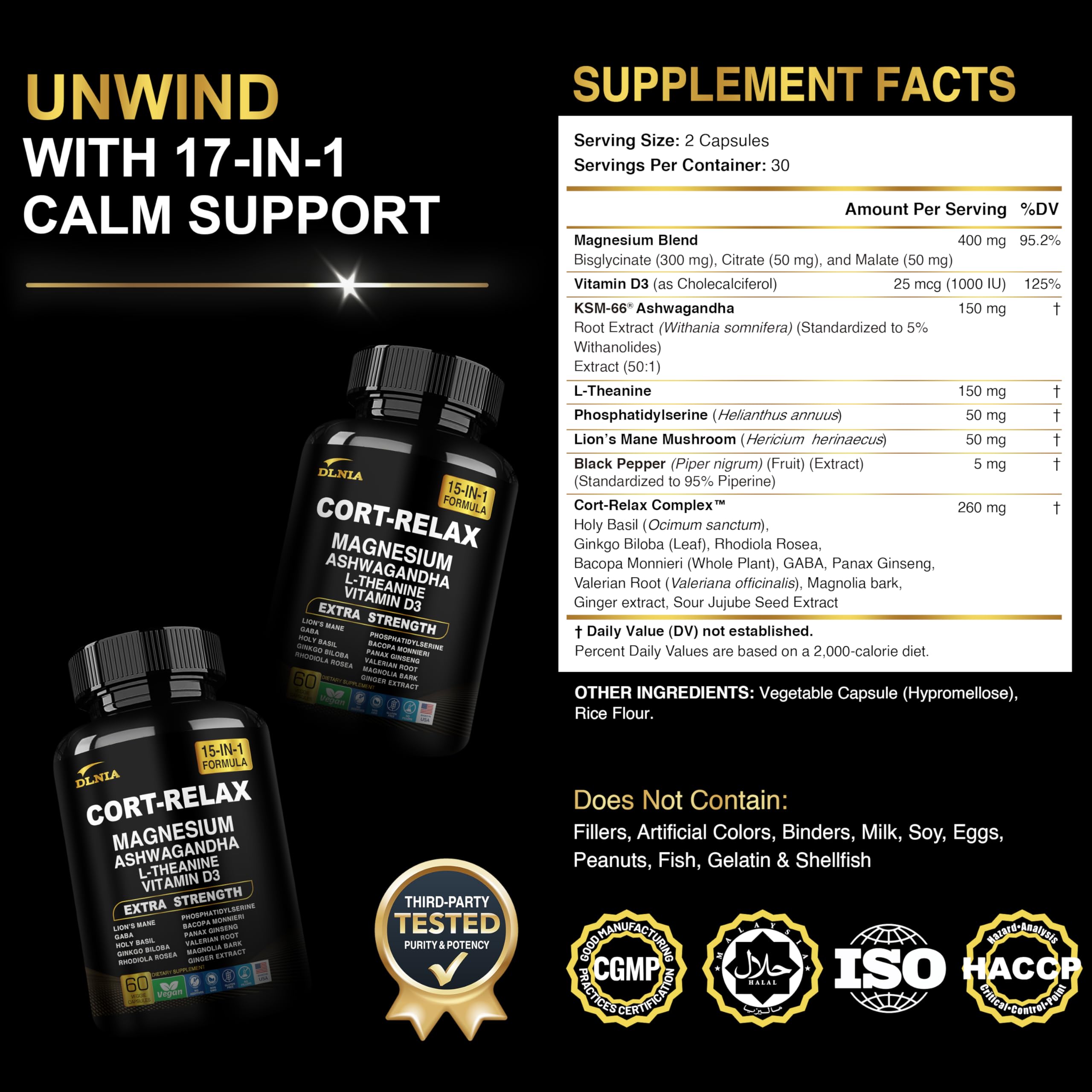 DLNIA Super Calm Cortisol Supplement with Magnesium Glycinate, Ashwagandha KSM-66, L-Theanine, Phosphatidylserine, Ginkgo Biloba & Lions Mane for Calm, Focus, Mental Clarity, Relaxation, Sleep, Energy DLNIA uk supplements
