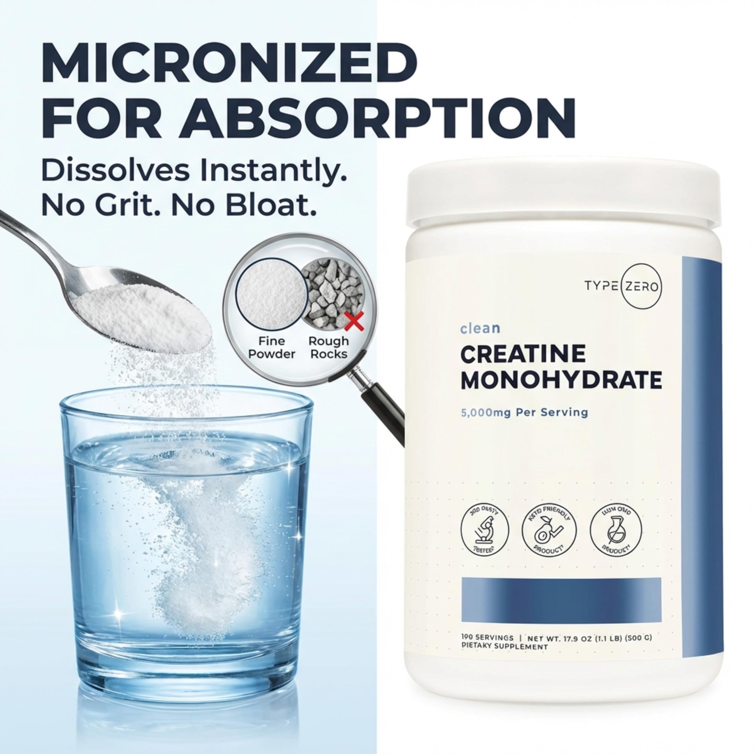 Type Zero Creatine Monohydrate Powder (Unflavored | 500g), 5000 mg Per Serving, Micronized, Zero Sugar, Keto Friendly & Gluten Free, 100 Servings Type Zero uk supplements