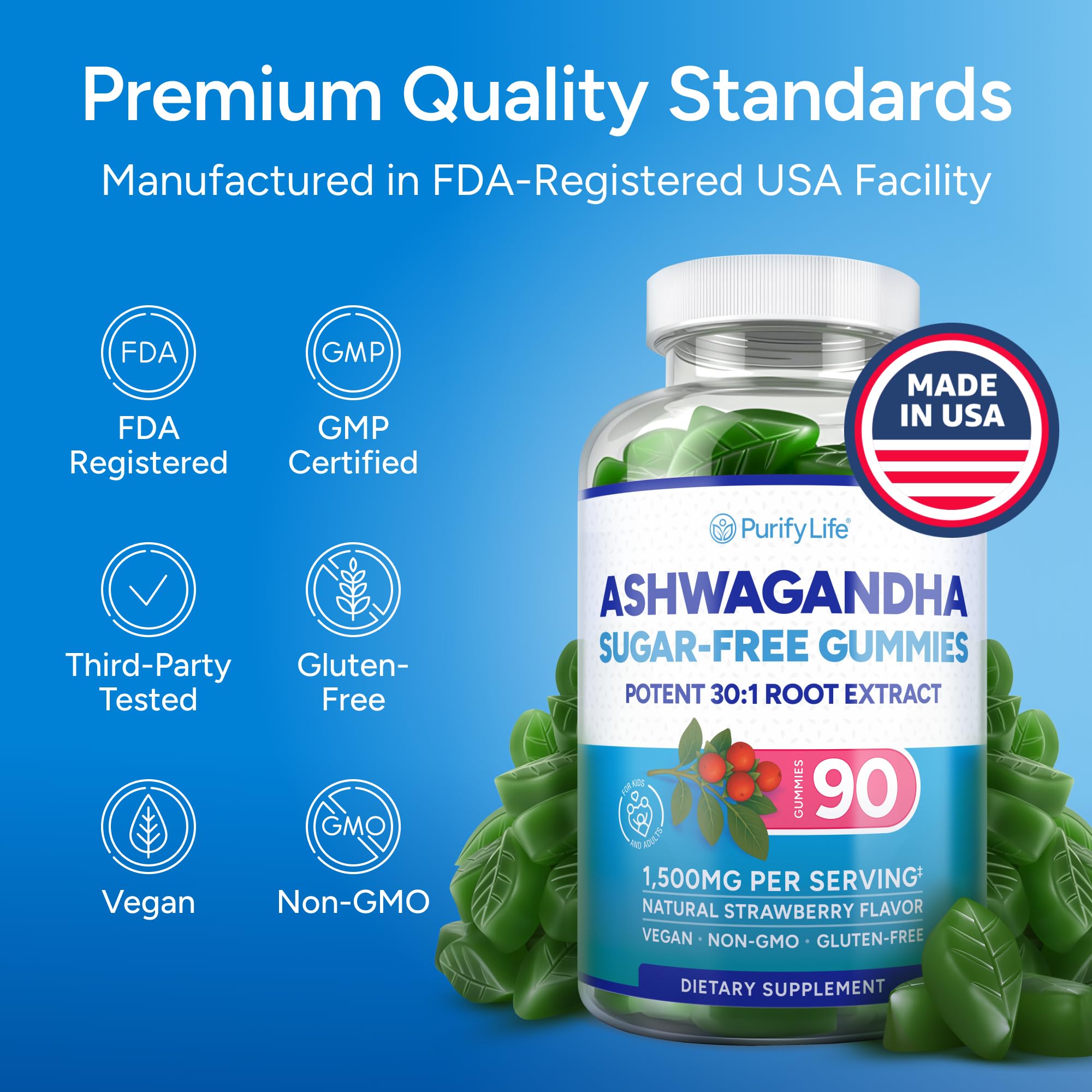 Sugar-Free Ashwagandha Gummies for Stress, Sleep & Mood Support - High-Potency 30:1 Ashwagandha Supplement Extract - Vegan Adaptogen Supplement for Women & Men, Natural Flavor, Plant-Based, 90 Gummies Purify Life uk supplements