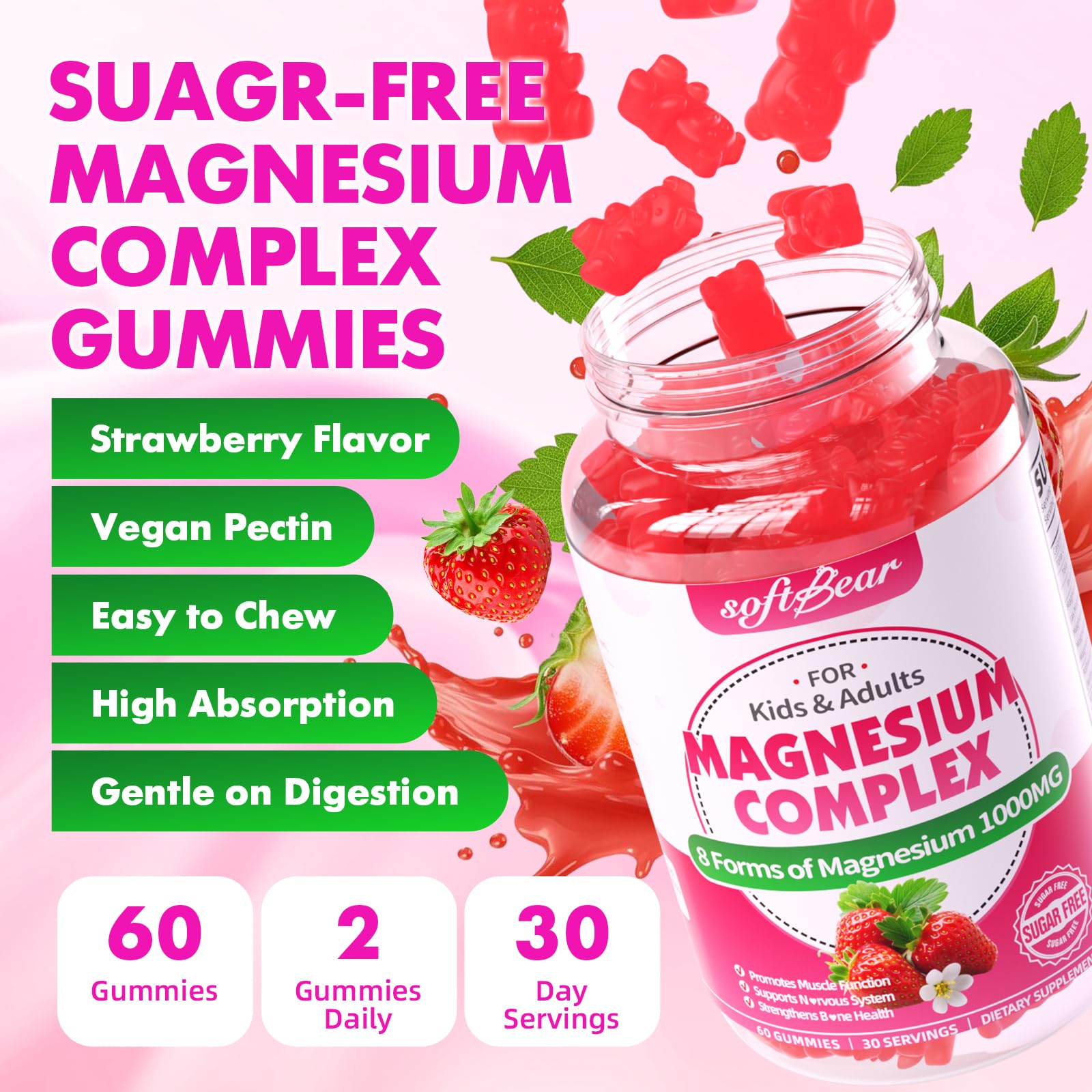 softbear Magnesium Complex Gummies for Women & Men & Kids, 8 in 1 Magnesium Complex Supplement 1000mg-Magnesium Glycinate,Citrate,Malate Supports Calm, Zzz, Muscle Cramp, Strawberry Flavor 120 Count softbear uk supplements