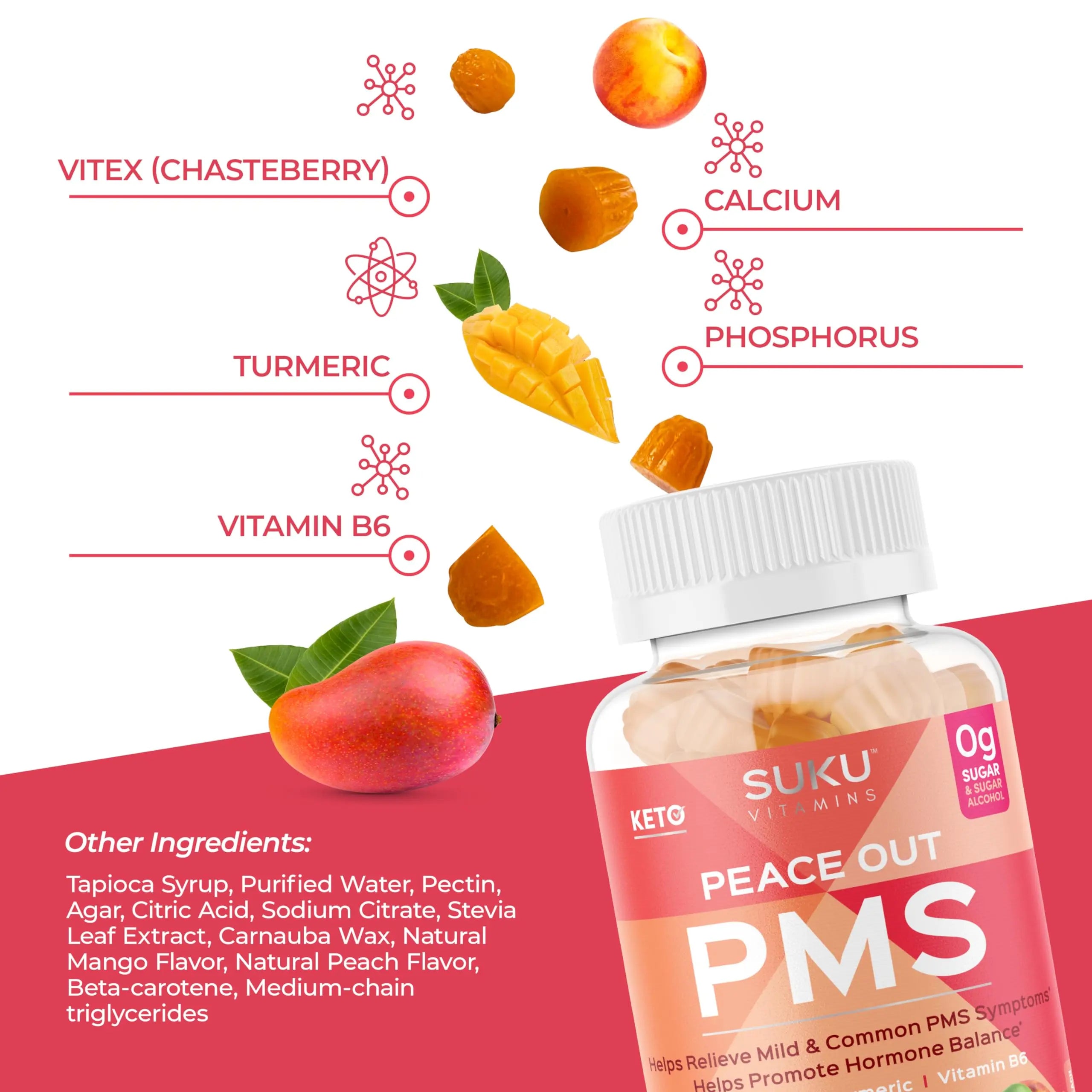SUKU Vitamins - PMS Gummy Supplement with Chasteberry to Relieve PMS and Menopause Peach Mango Gummies (50 Count) SUKU uk supplements