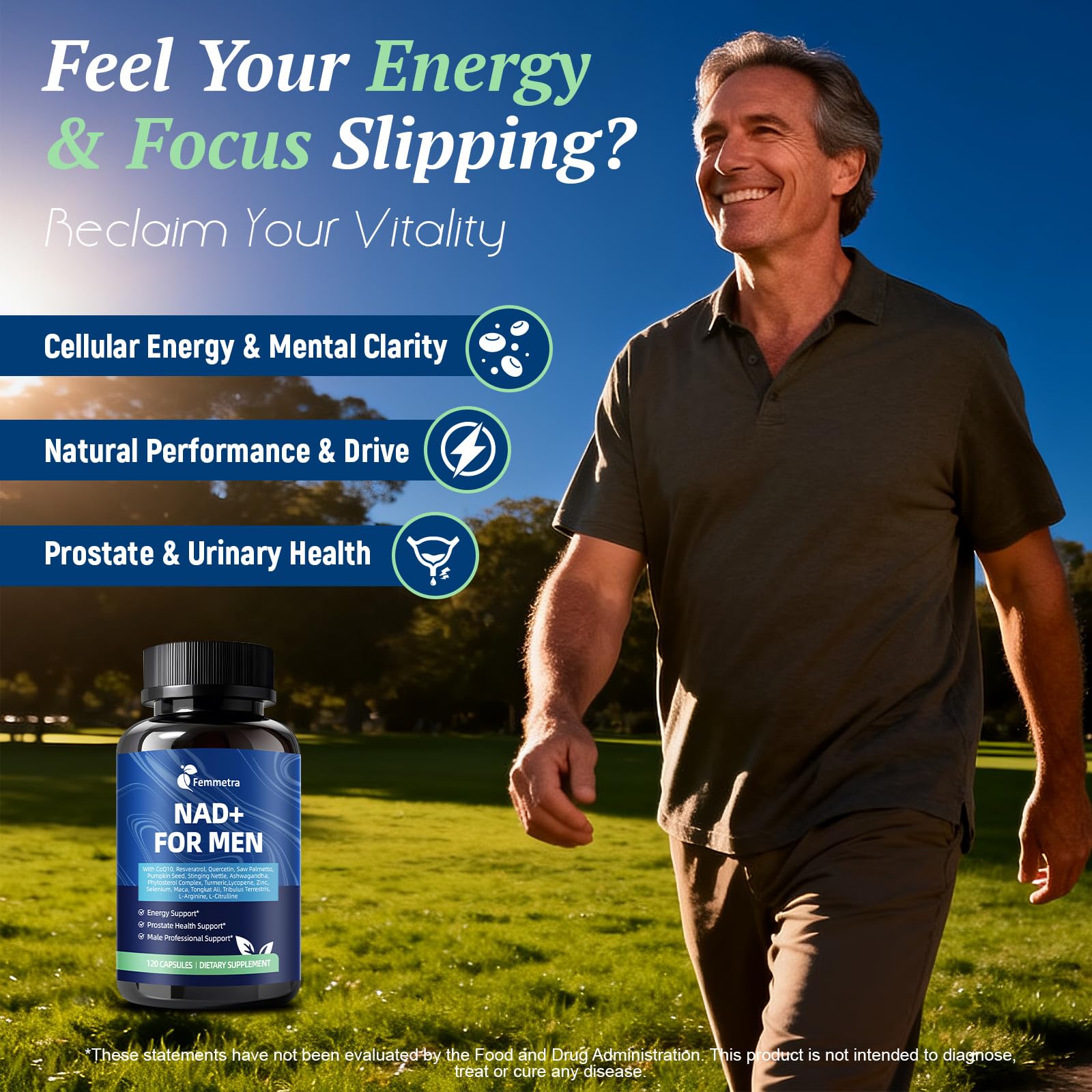 Femmetra NAD+ Supplements for Men with Saw Palmetto | All-in-One Cellular Energy, Prostate Support & Nitric Oxide Supplement with Resveratrol, L-Arginine | Non-GMO, 120 Capsules Femmetra uk supplements