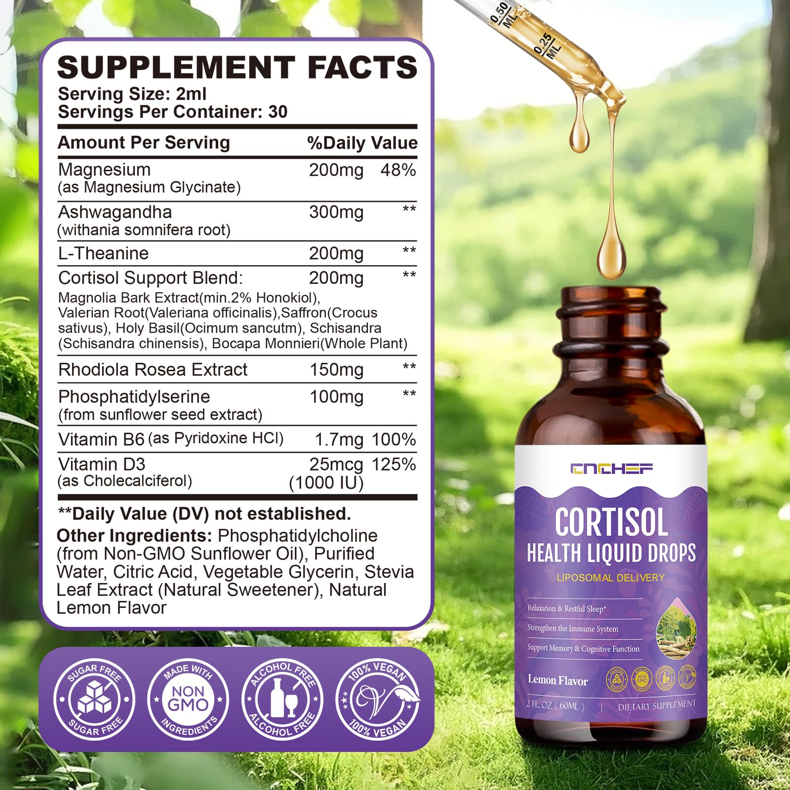 Cortisol Supplement Liquid Drops, Hormone Balance for Women Men Cortisol Detox with Magnesium Glycinate, L-Theanine, Rhodiola Rosea, Ashwagandha, Phosphatidylserine, Mood Focus, Sleep Support, 2 Fl Oz CNCHEF uk supplements