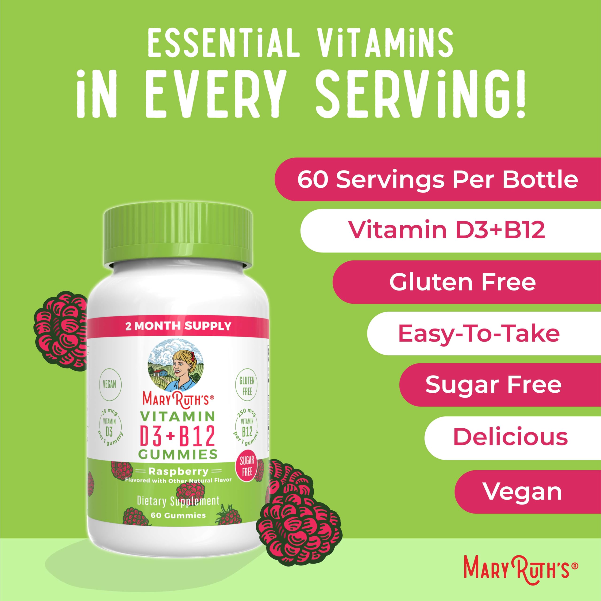 MaryRuth Organics Sugar Free | 2 Month Supply | Vitamin D & B12 Vitamin Supplements for Adults & Kids | Bone Health | Immune Support | Vegan | Non-GMO | 60 Servings MARYRUTH'S uk supplements