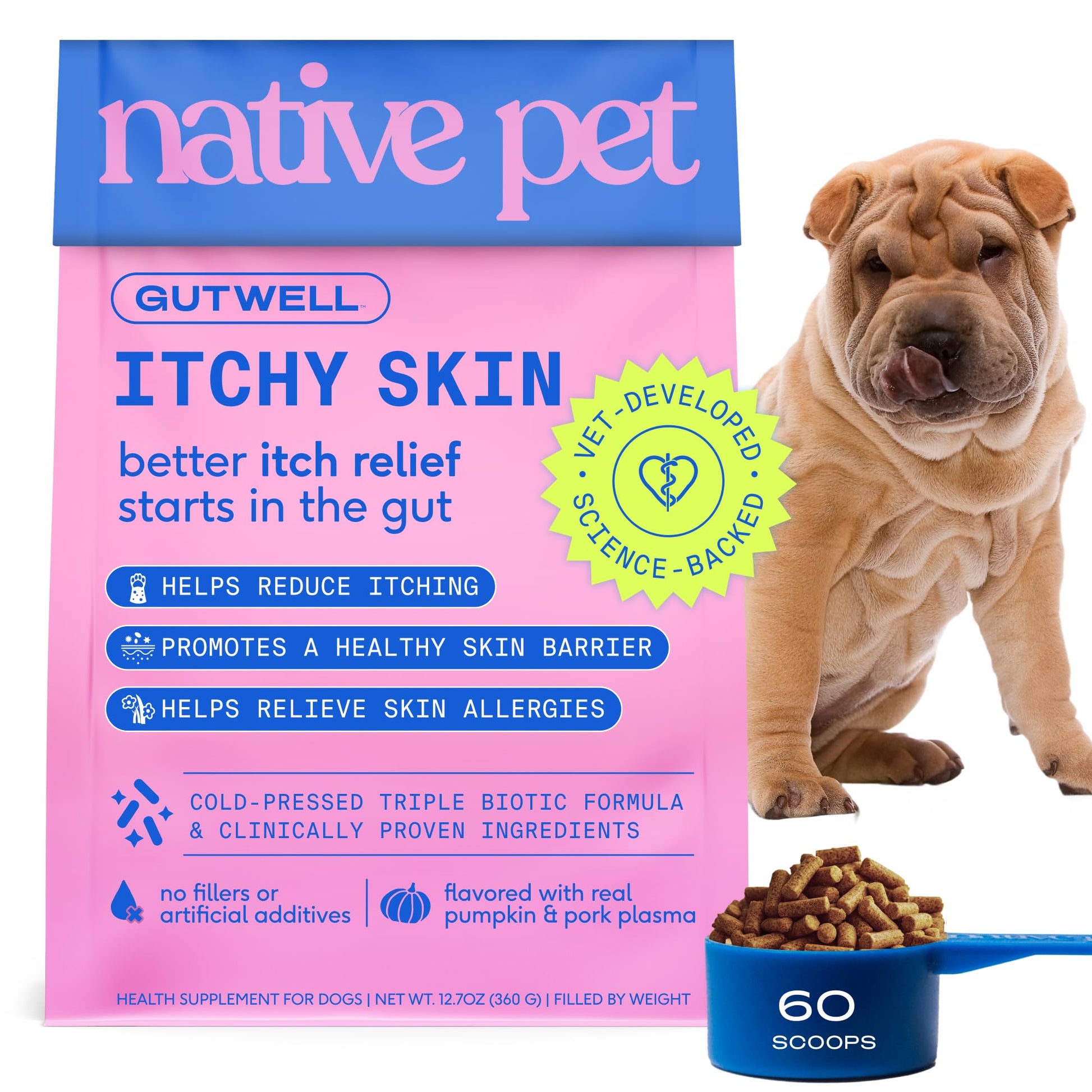 GutWell Itchy Skin - Dog Itching Skin Relief & Seasonal Allergy Itch Relief for Dogs - Promotes Skin Hydration, Elasticity & Healthy Barrier with Triple-biotic Blend, Zinc, & Vitamin E - 60 Scoops Native Pet uk supplements