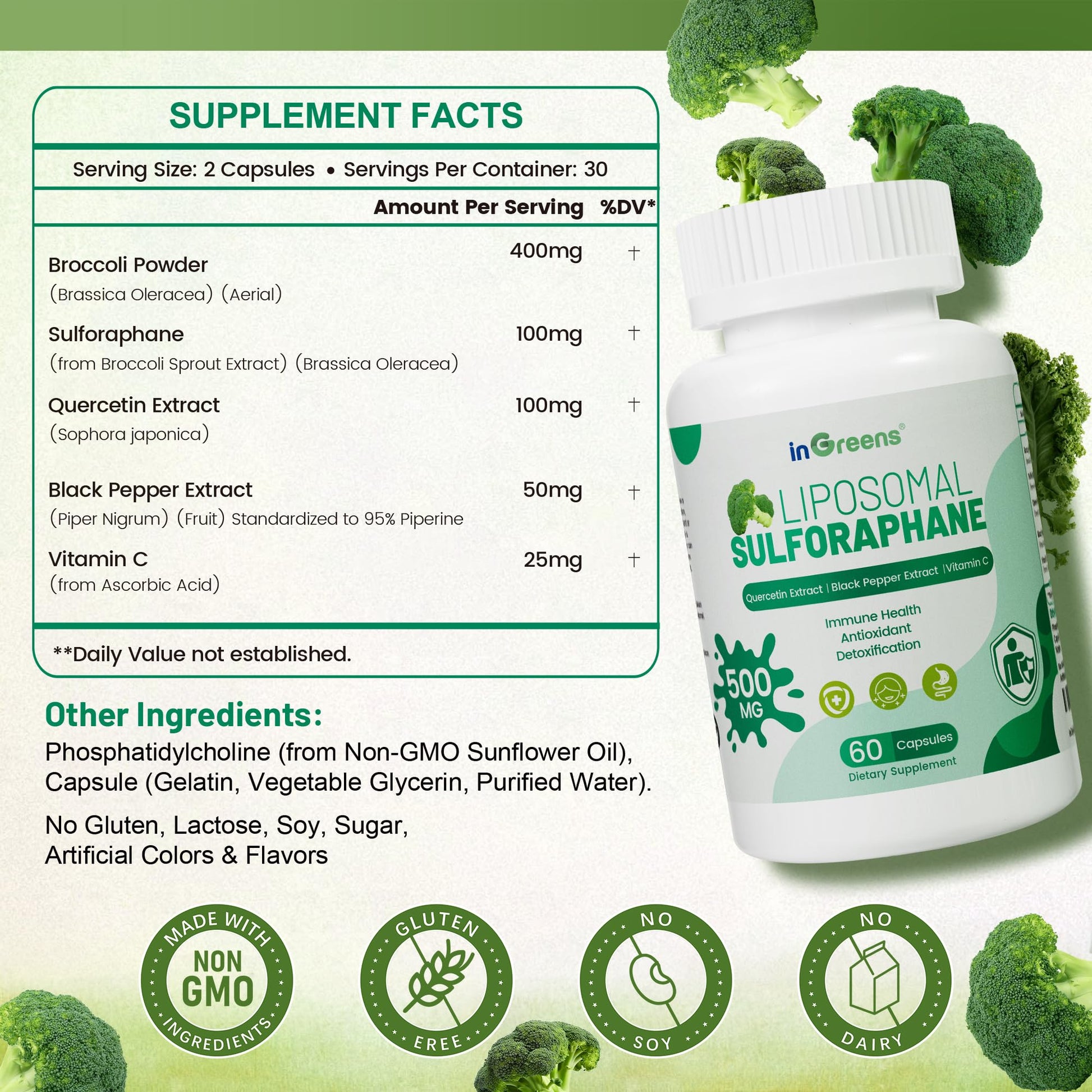 Liposomal Sulforaphane 500mg Supplement from Broccoli Extract with Quercetin, Black Pepper & Vitamin C – Antioxidant, Detox & Cellular Support, Cellular Health Formula for Men & Women, 60 Capsules inGreens uk supplements