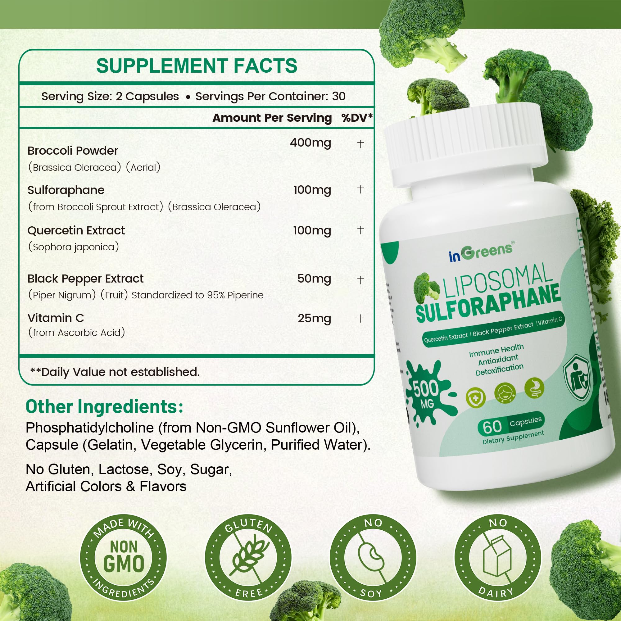 Liposomal Sulforaphane 500mg Supplement from Broccoli Extract with Quercetin, Black Pepper & Vitamin C – Antioxidant, Detox & Cellular Support, Cellular Health Formula for Men & Women, 60 Capsules inGreens uk supplements