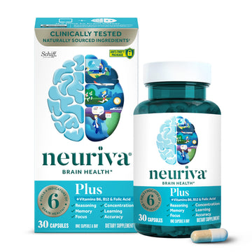 NEURIVA Plus Brain Supplement for Memory and Focus Clinically Tested Nootropics for Concentration for Mental Clarity, Cognitive Enhancement Vitamins B6, B12, Phosphatidylserine 30 Capsules NEURIVA uk supplements