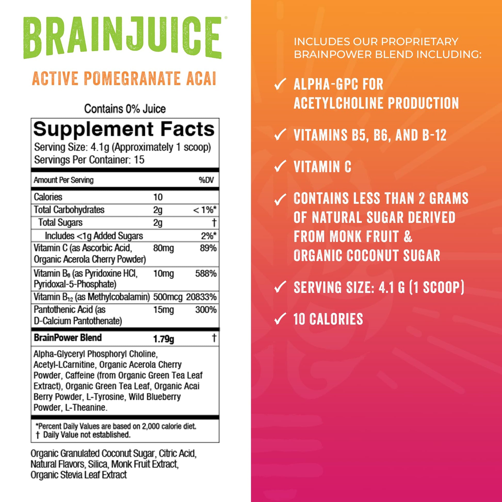 BrainJuice Nootropics Brain Support Supplement, Gluten Free Powder for Energy and Focus, Pre Workout w/Alpha GPC, Vitamin B & Organic Green Tea Extract Caffeine, Active Pomegranate Acai, 15 Servings BrainJuice uk supplements