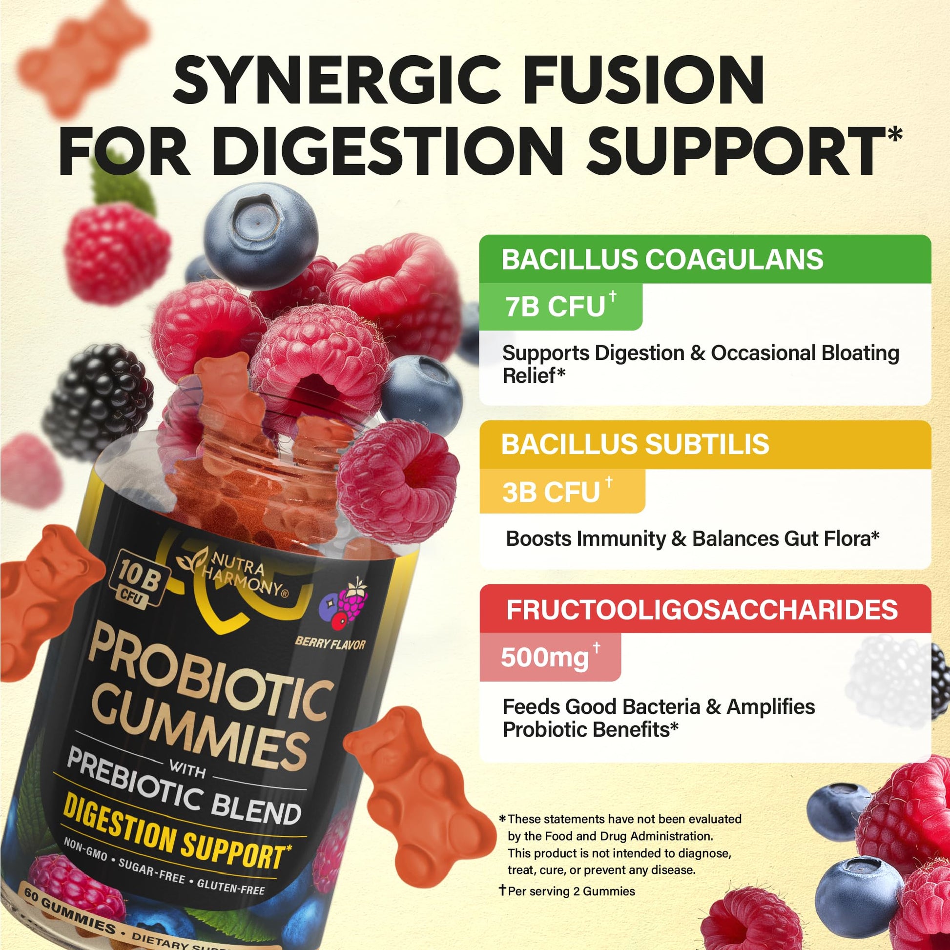 Probiotic Gummies 10B CFU with Prebiotic Fiber - Digestion & Immune Support - Debloat, Stomach & Gut Comfort - Probiotics for Women & Men - Natural Berry Flavor - Vegan & Sugar-free - 60 Gummies NUTRAHARMONY uk supplements