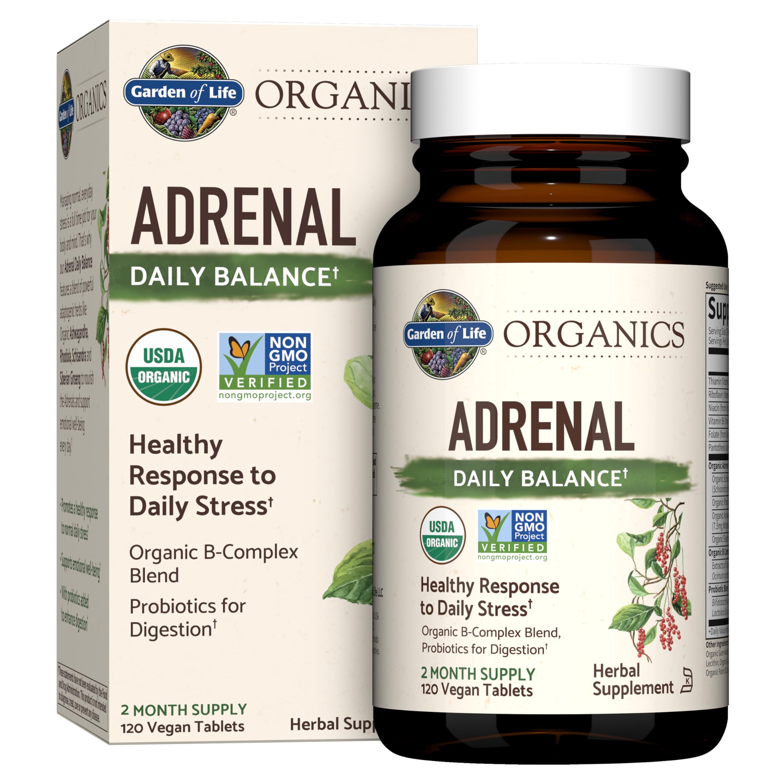 Garden of Life Organics Adrenal Daily Balance, Adaptogenic Herbs Ashwagandha, Holy Basil, B Complex & Probiotics, Organic Non-GMO, Vegan, Gluten Free Supplement, Two Month Supply, 120 Tablets Garden of Life uk supplements